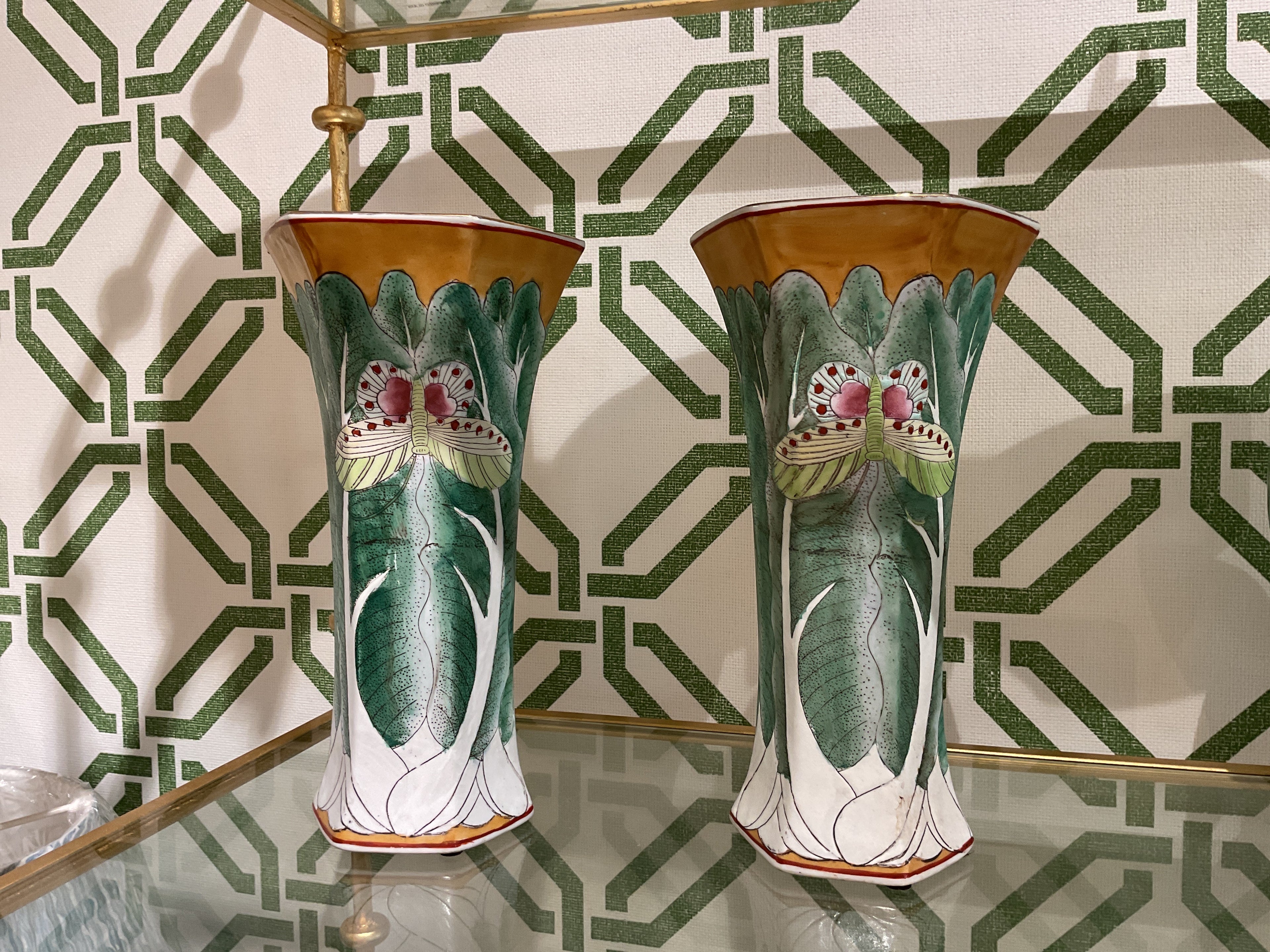 Pair of Bok Choy/Famille Vert Butterfly Vases