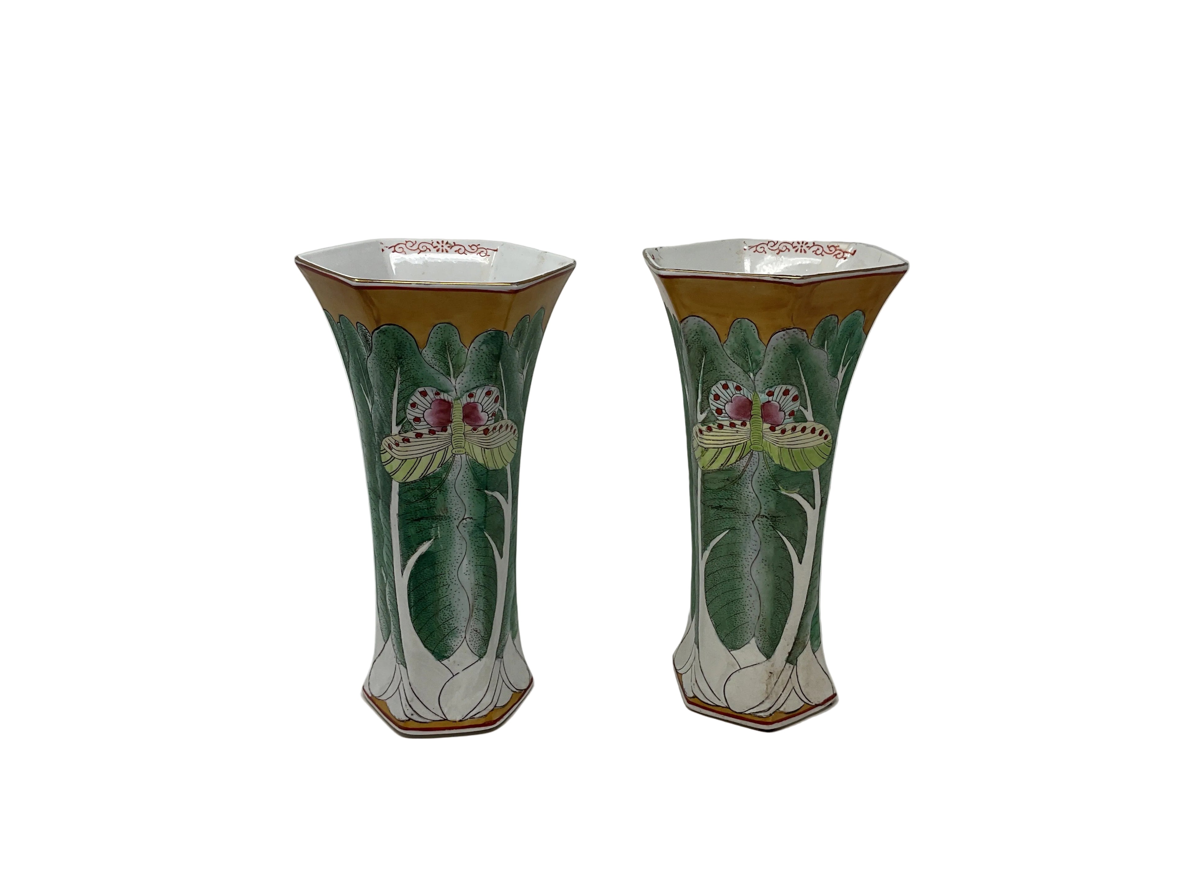 Bok Choy Famille Vert Butterly Vases (Pair)