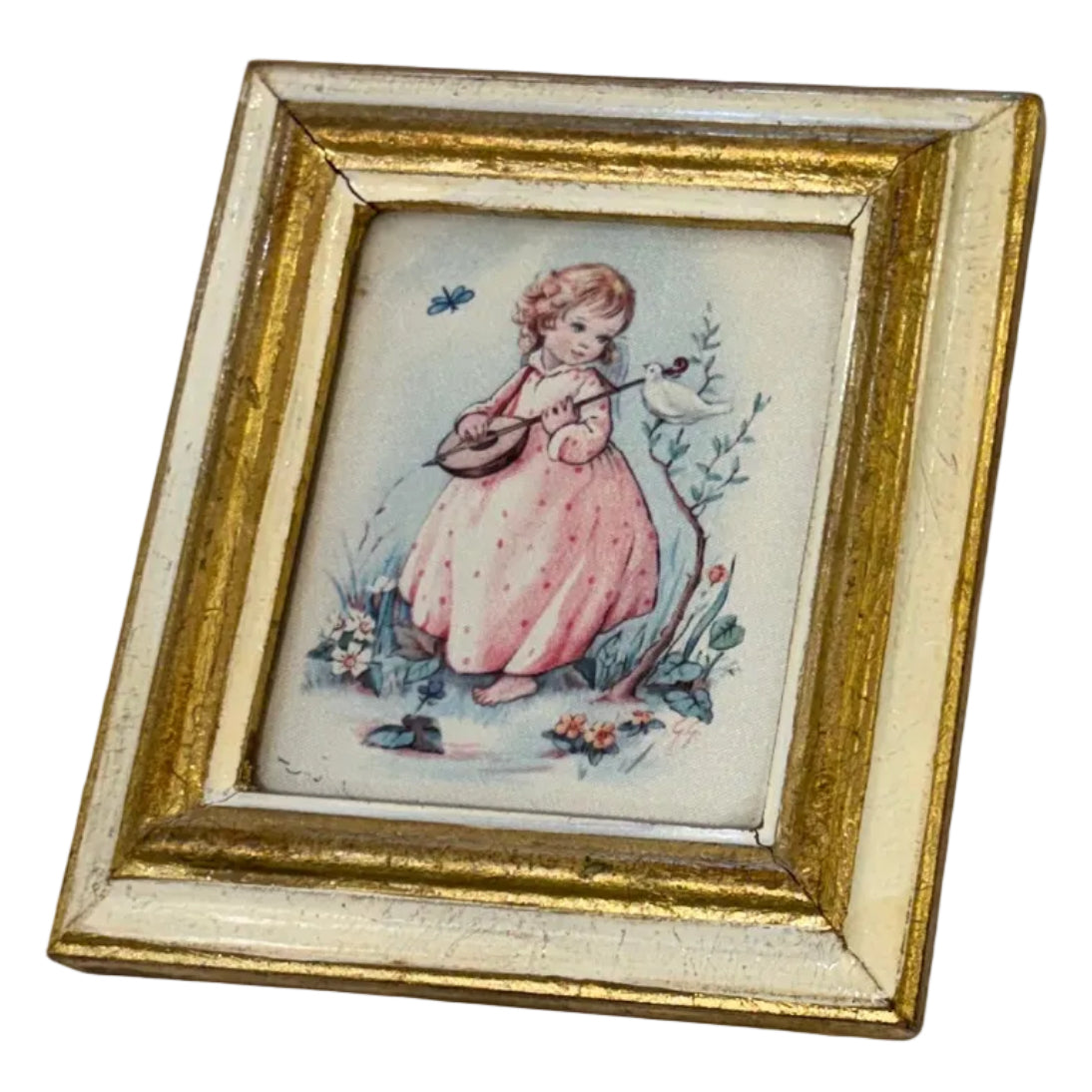 Vintage picture of a young girl with instrument and bird