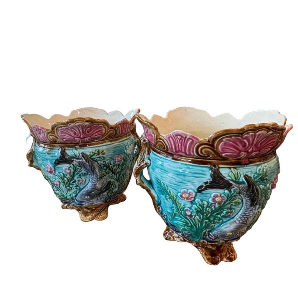 Pair of Antique Majolica Cachepots (fish)