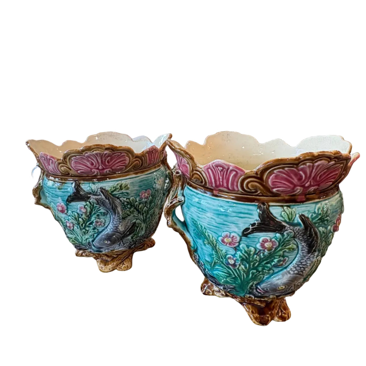 Pair of Antique Majolica Cachepots (fish)