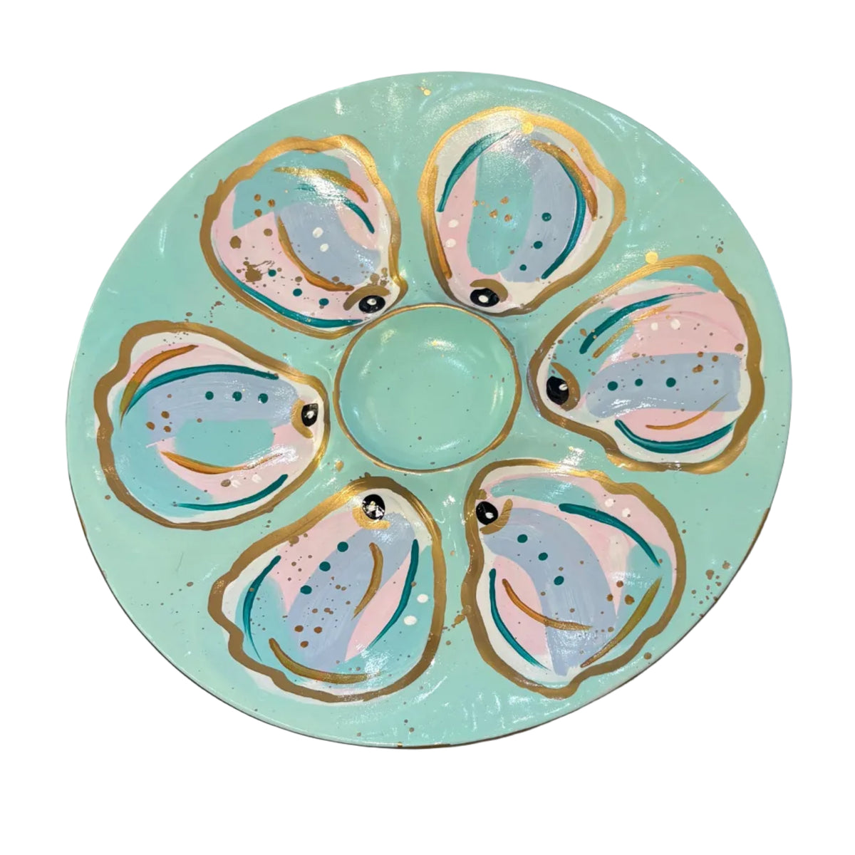 Hand-painted Oyster Plate (Aqua with pink, black, teal, and blue with gold)