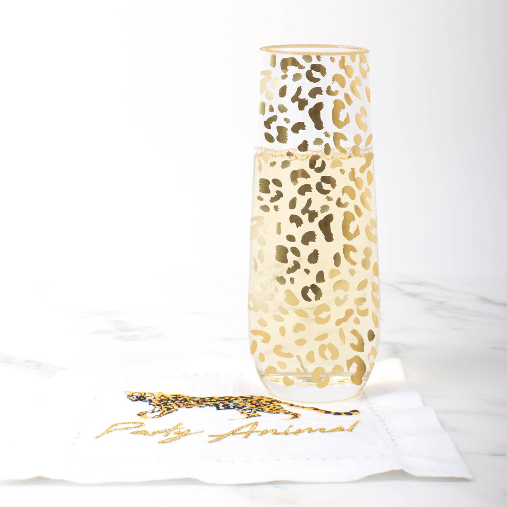 Stemless Champagne Glass, Gold Leopard Print, 8 Oz