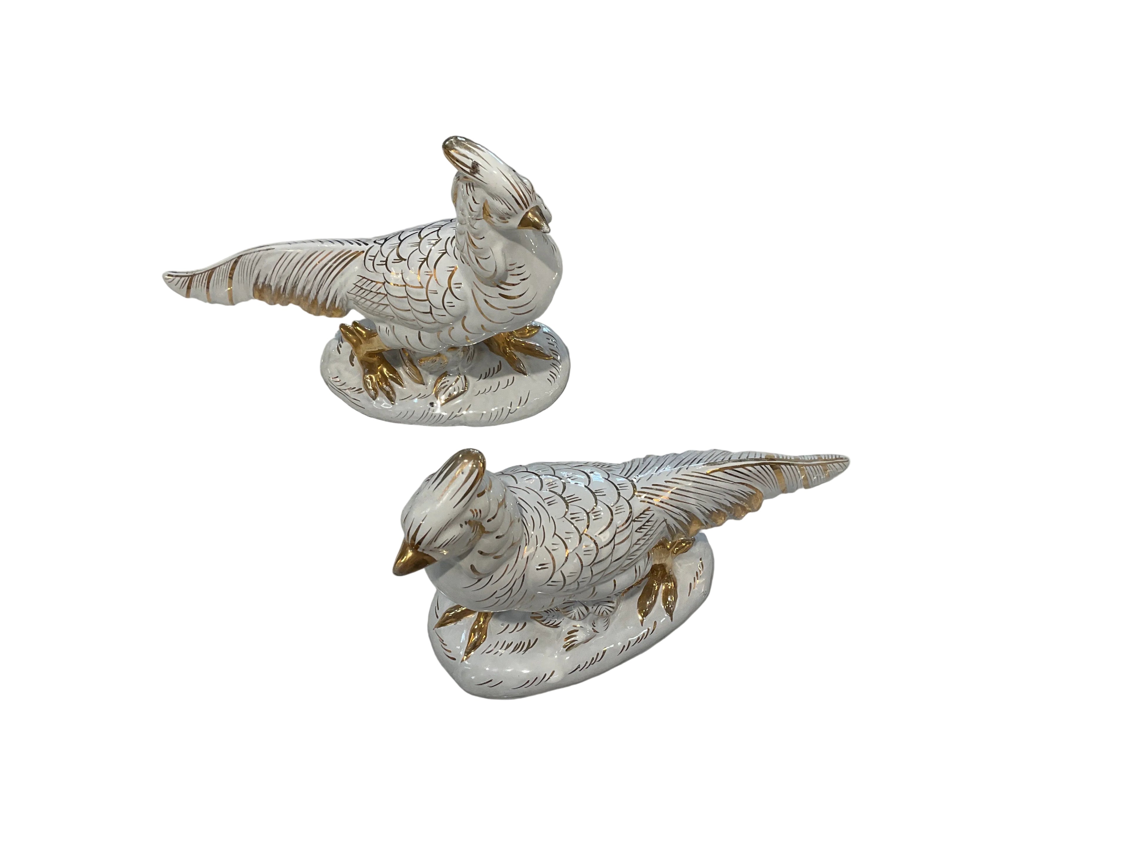 White and Gold Italian Porcelain Pheasant Figurine Pair
