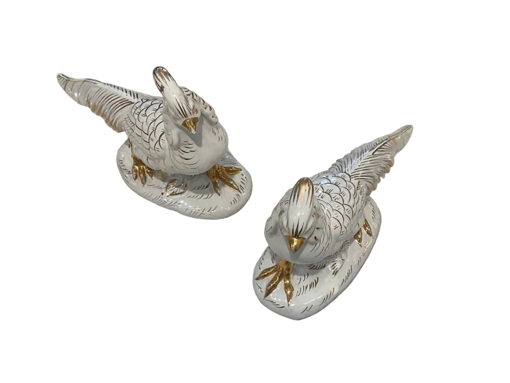 White and Gold Italian Porcelain Pheasant Figurine Pair