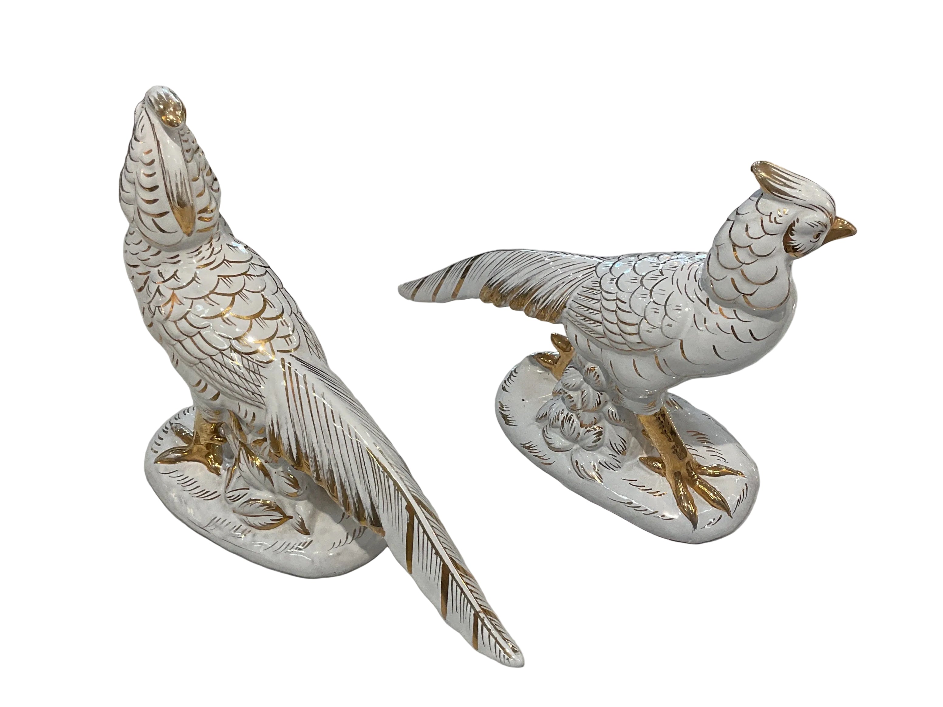 White and Gold Italian Porcelain Pheasant Figurine Pair