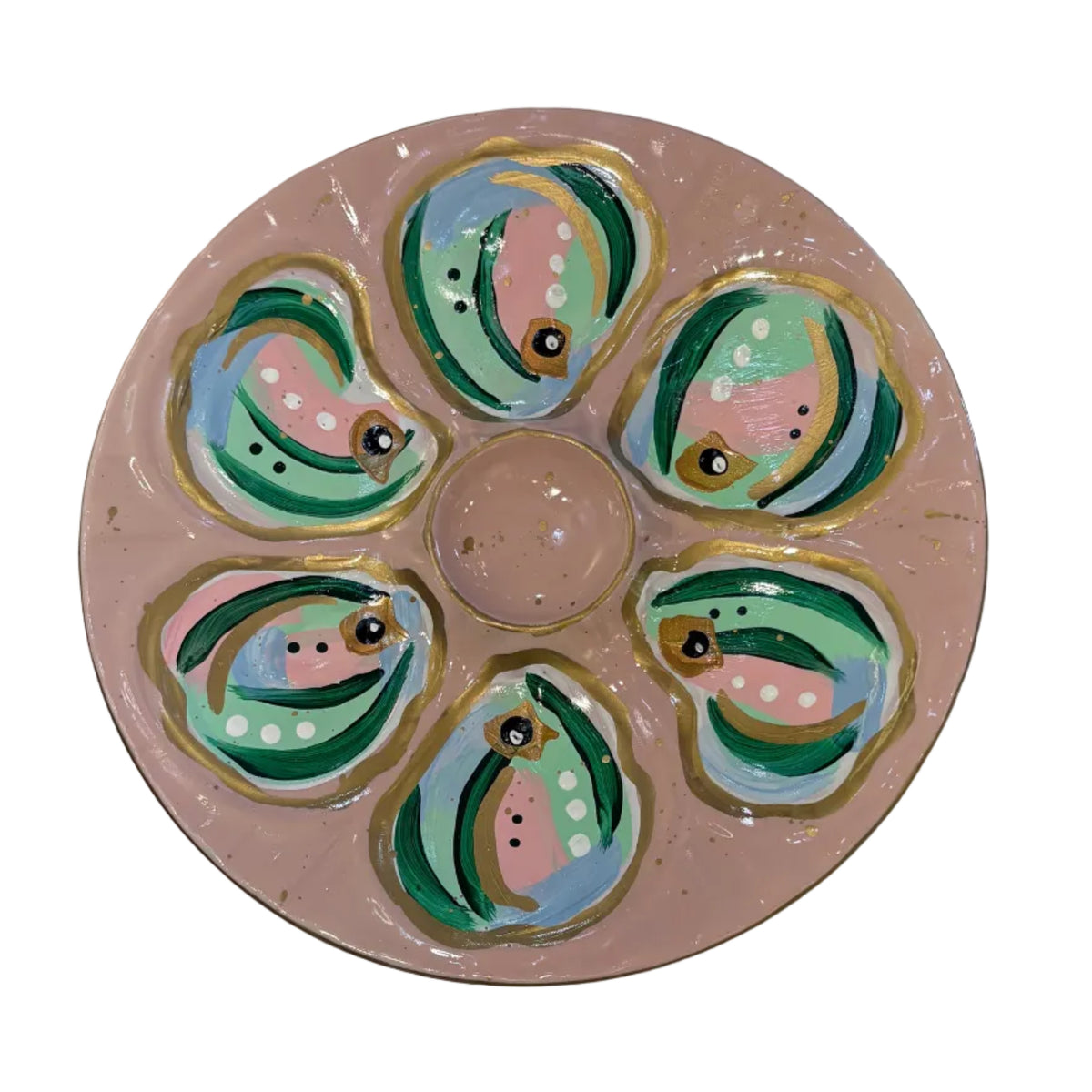 Hand-painted Oyster Plate ( Peach with light green, dark green, pink, blue and gold)