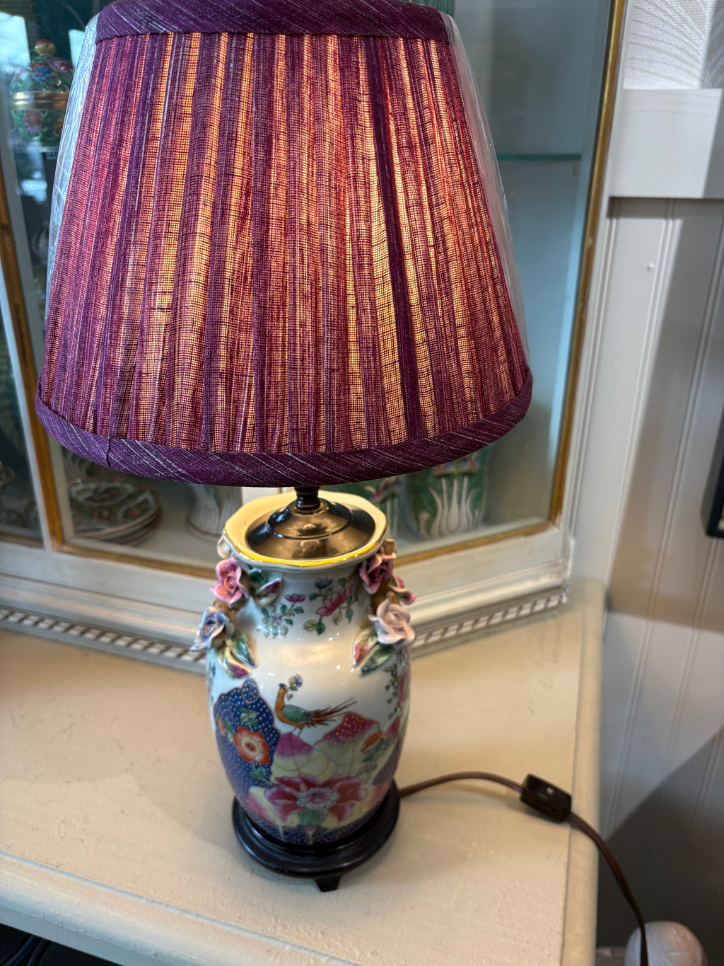 Vintage Tobacco Leaf Lamp with Applied Flowers (shade not included)