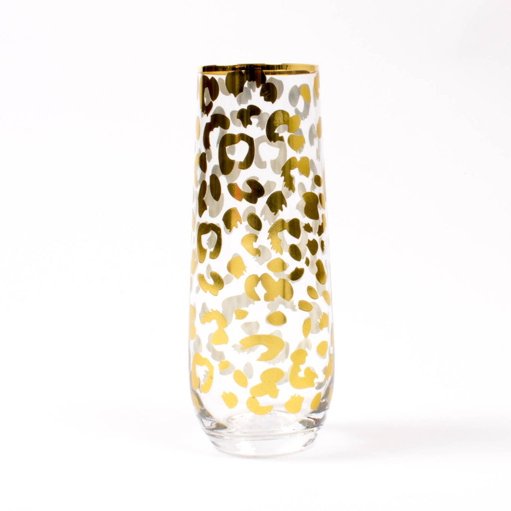 Stemless Champagne Glass, Gold Leopard Print, 8 Oz