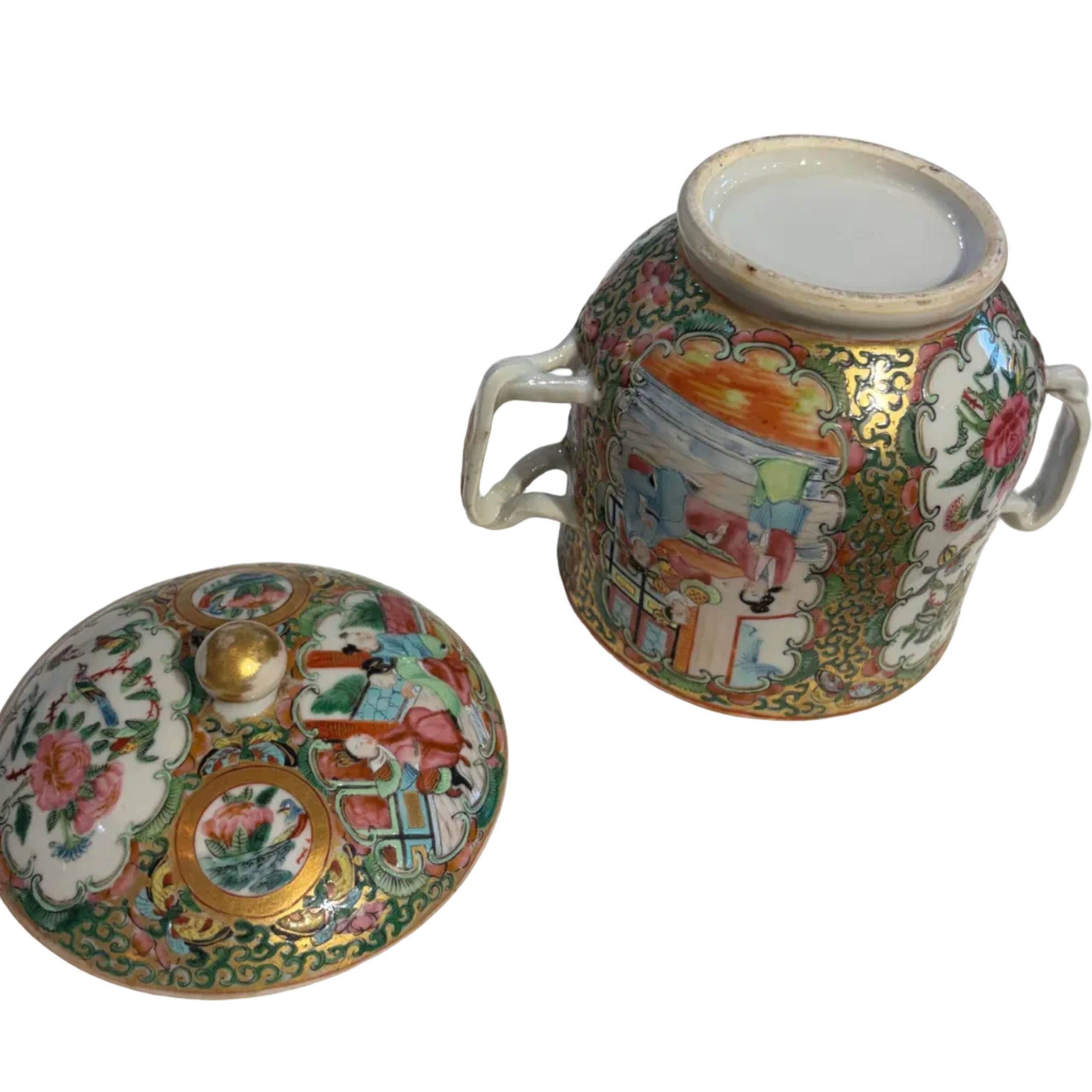 19th c. Rose Medallion Small Lidded Jar with Handles