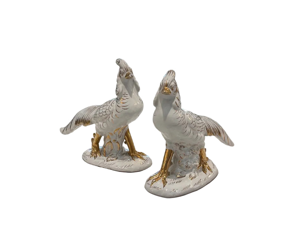 White and Gold Italian Porcelain Pheasant Figurine Pair
