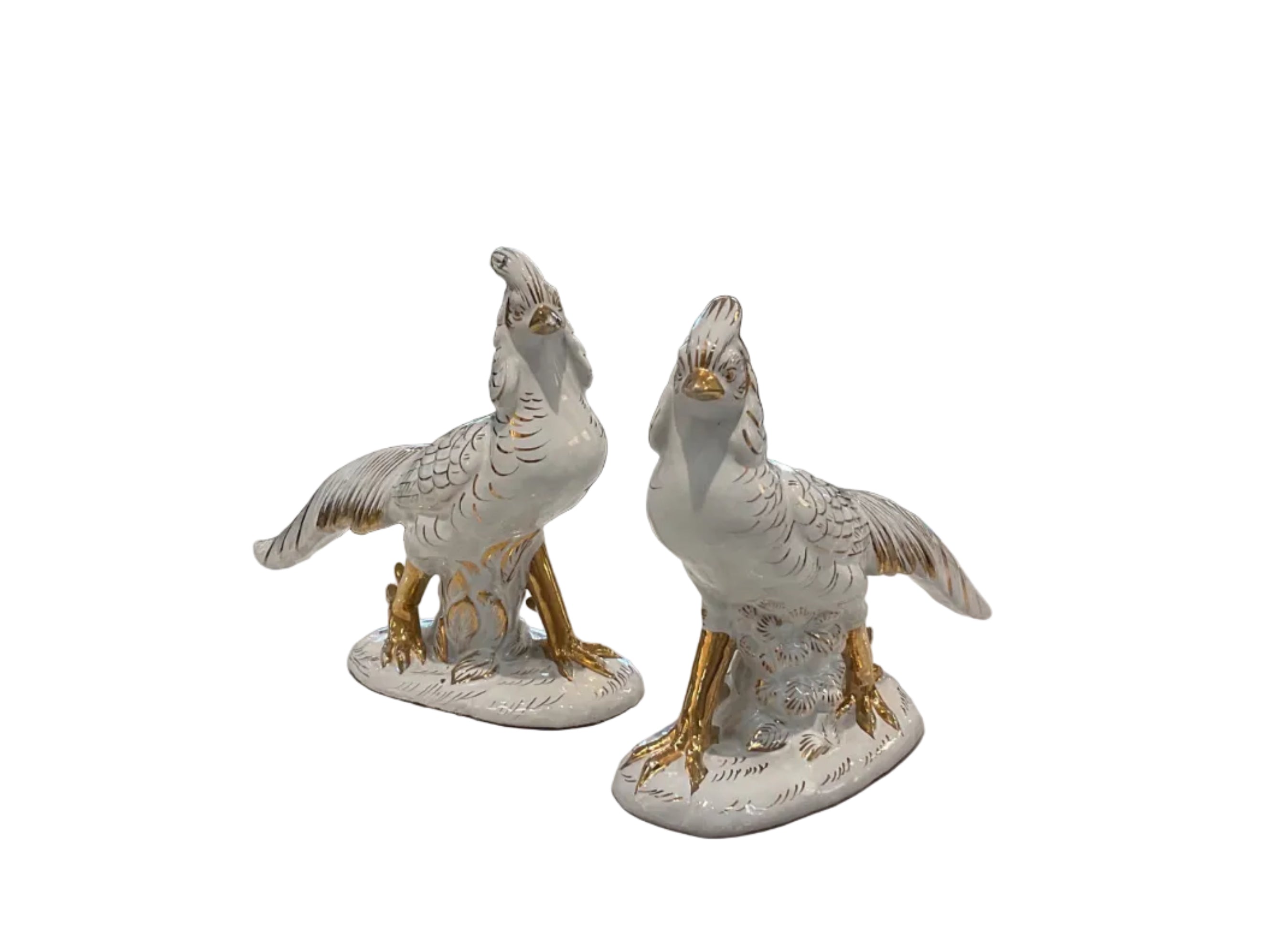 White and Gold Italian Porcelain Pheasant Figurine Pair