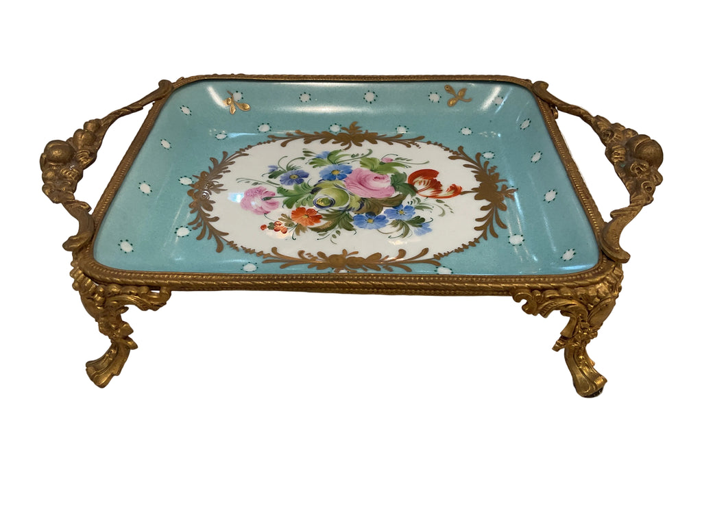 Limoges Porcelain handpainted tray w/ bronze ormolu handles and feet
