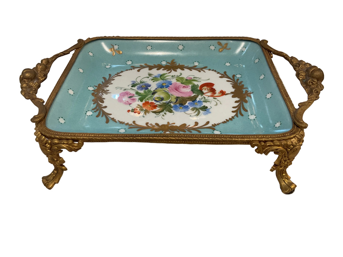 Limoges Porcelain handpainted tray w/ bronze ormolu handles and feet