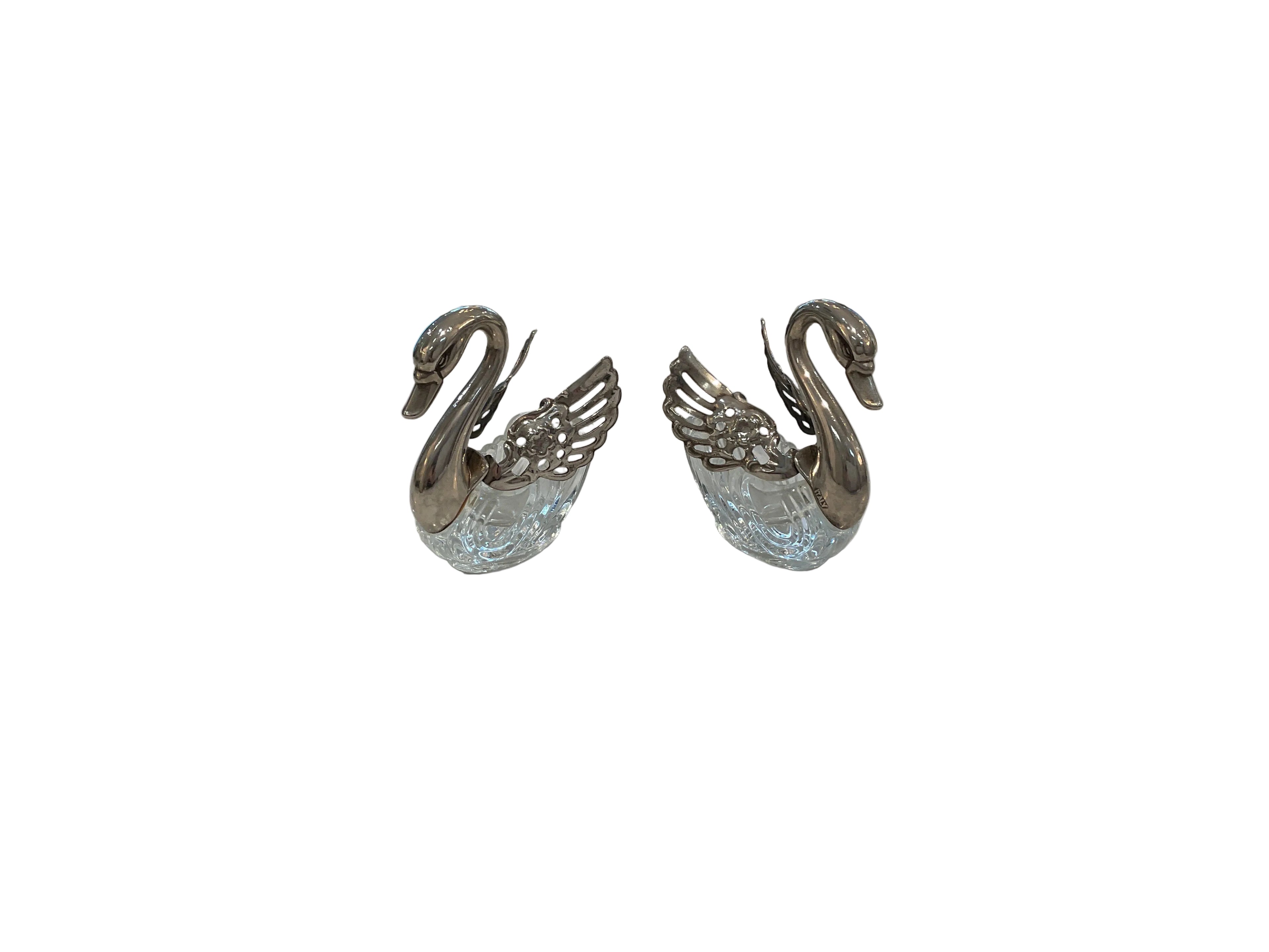 Italian Crystal and Silver-plated Swans Salt Cellars (pair)