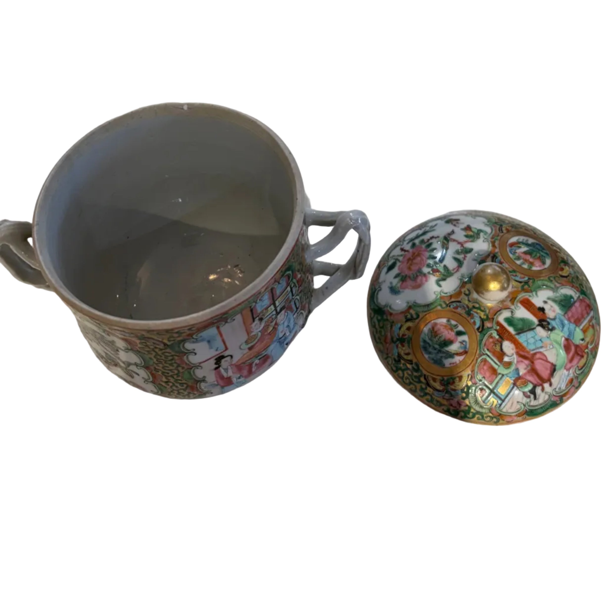 19th c. Rose Medallion Small Lidded Jar with Handles