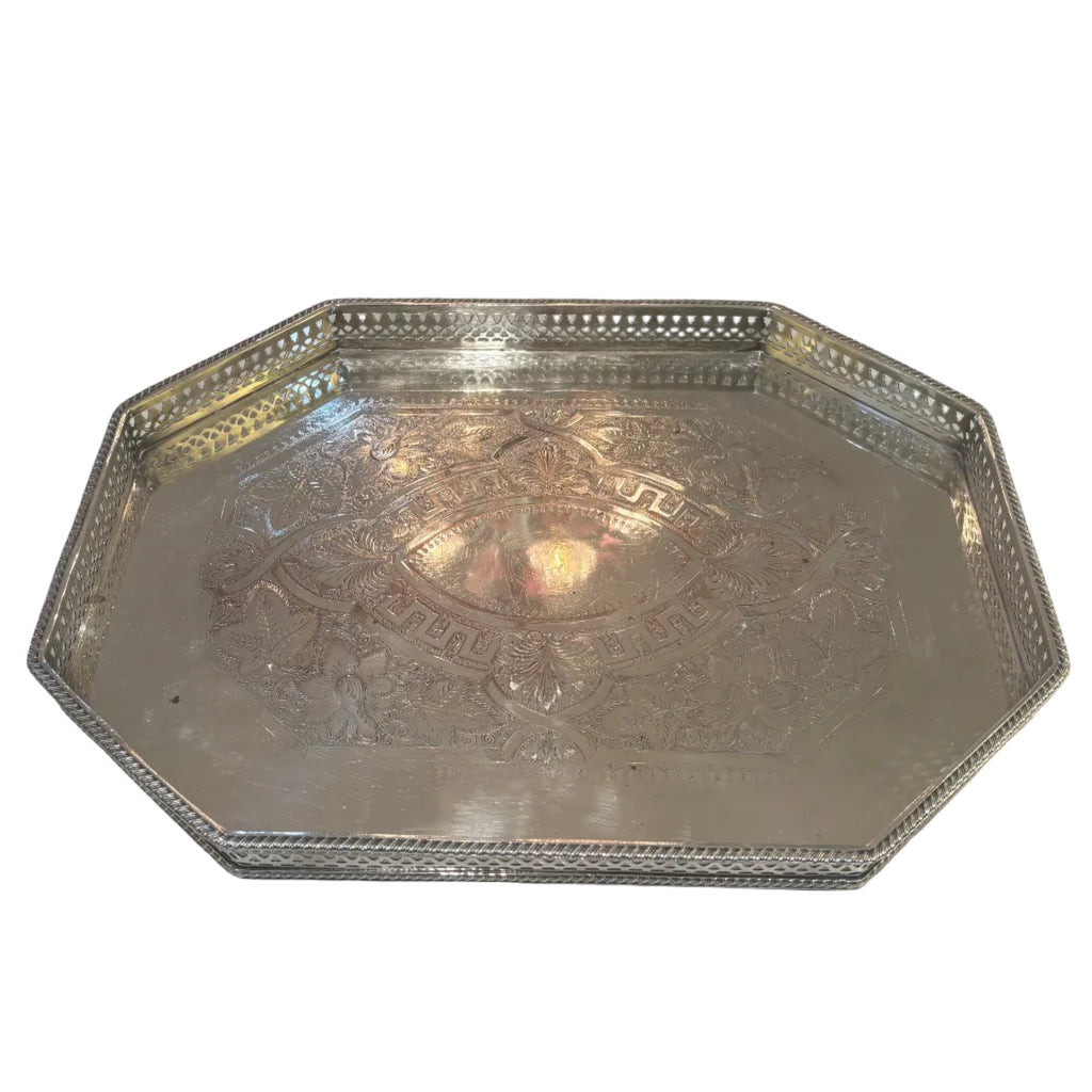 Antique Octagonal English Silver on Copper Gallery Tray (w/etching and pierced detail)