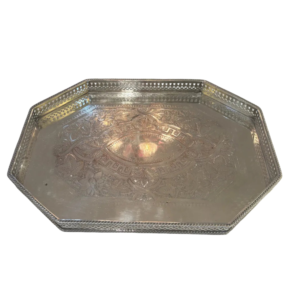 Antique Octagonal English Silver on Copper Gallery Tray (w/etching and pierced detail)