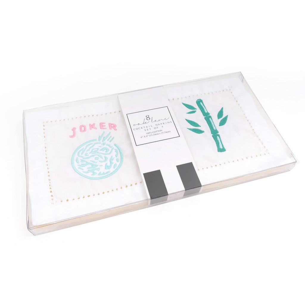 Cocktail Napkin Set, Mahjong Embroidered, 4-Piece Cotton