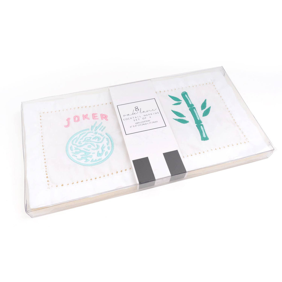 Cocktail Napkin Set, Mahjong Embroidered, 4-Piece Cotton