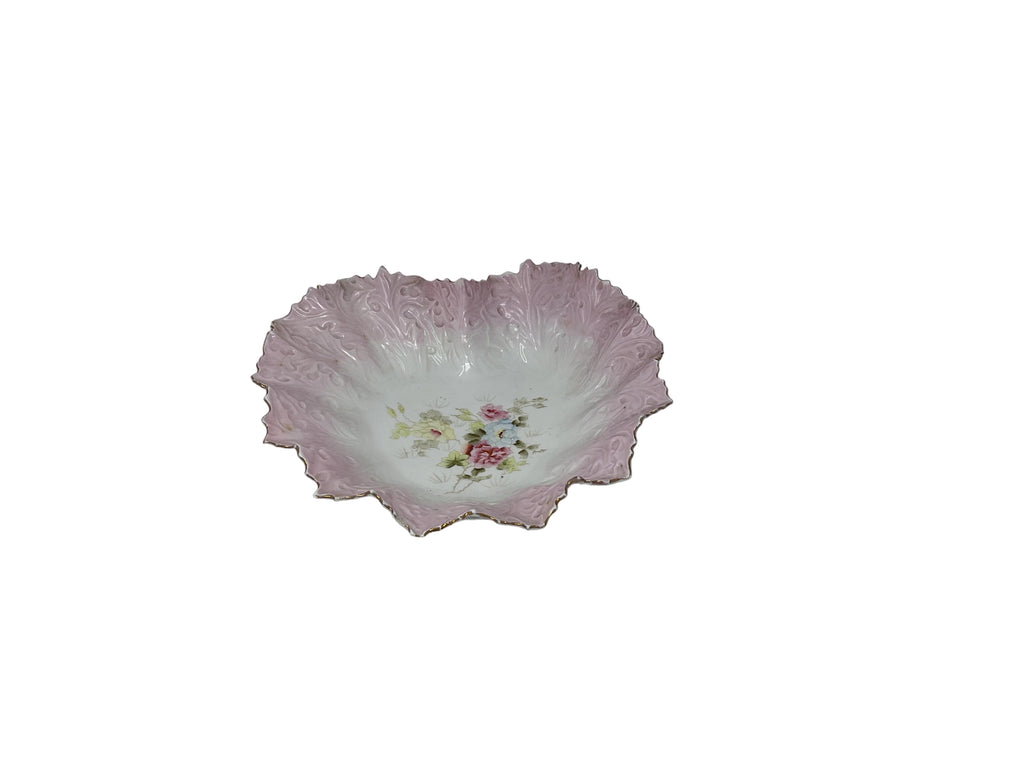 Antique Pink and White French Heart-Shaped Ruffled Bowl