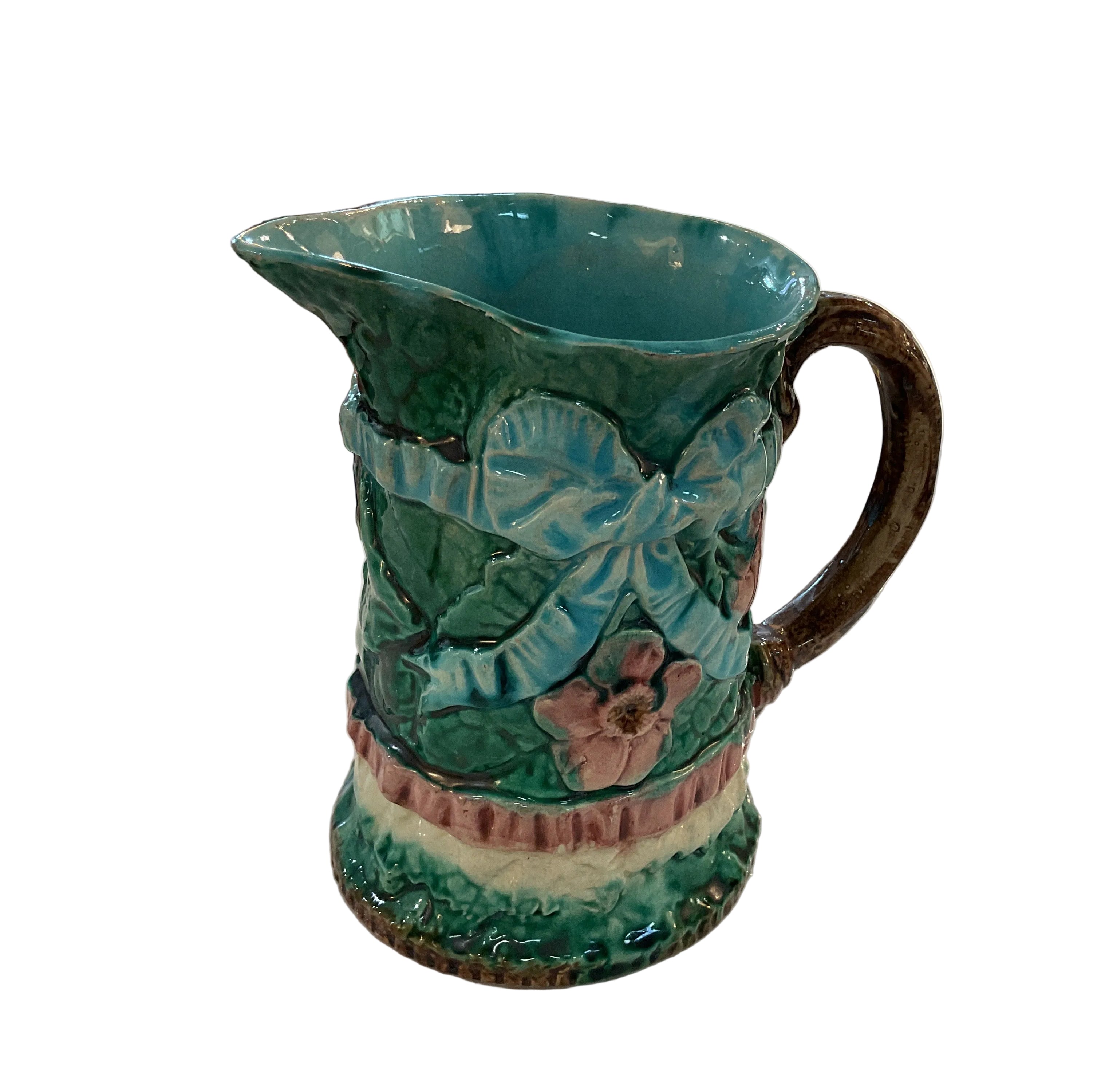 Antique Majolica Pitcher with Rare X mark and Bow detail