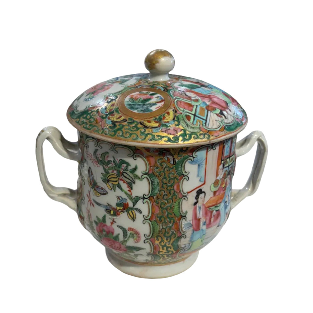 19th c. Rose Medallion Small Lidded Jar with Handles