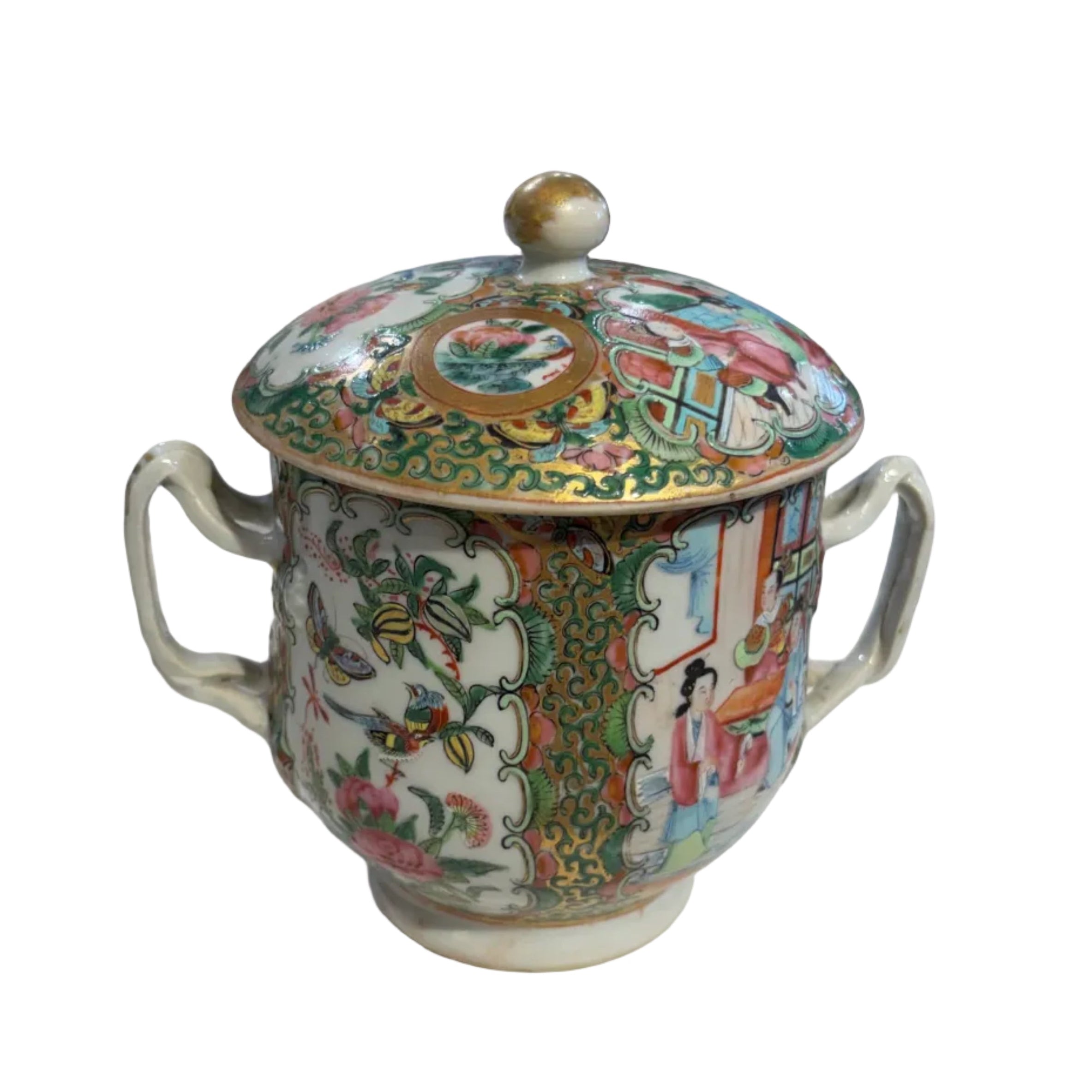 19th c. Rose Medallion Small Lidded Jar with Handles