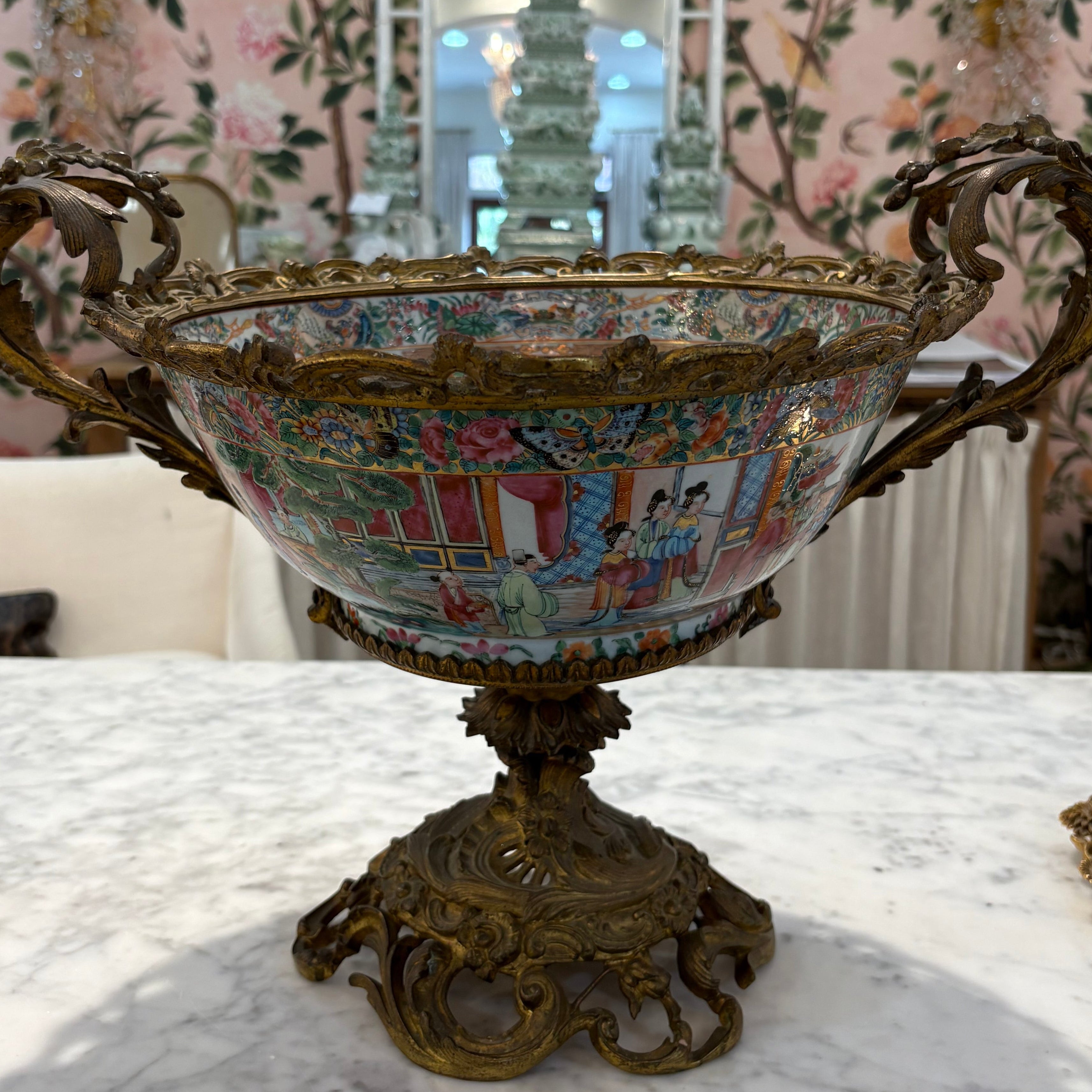 Rose Medallion Bowl with Bronze Stand