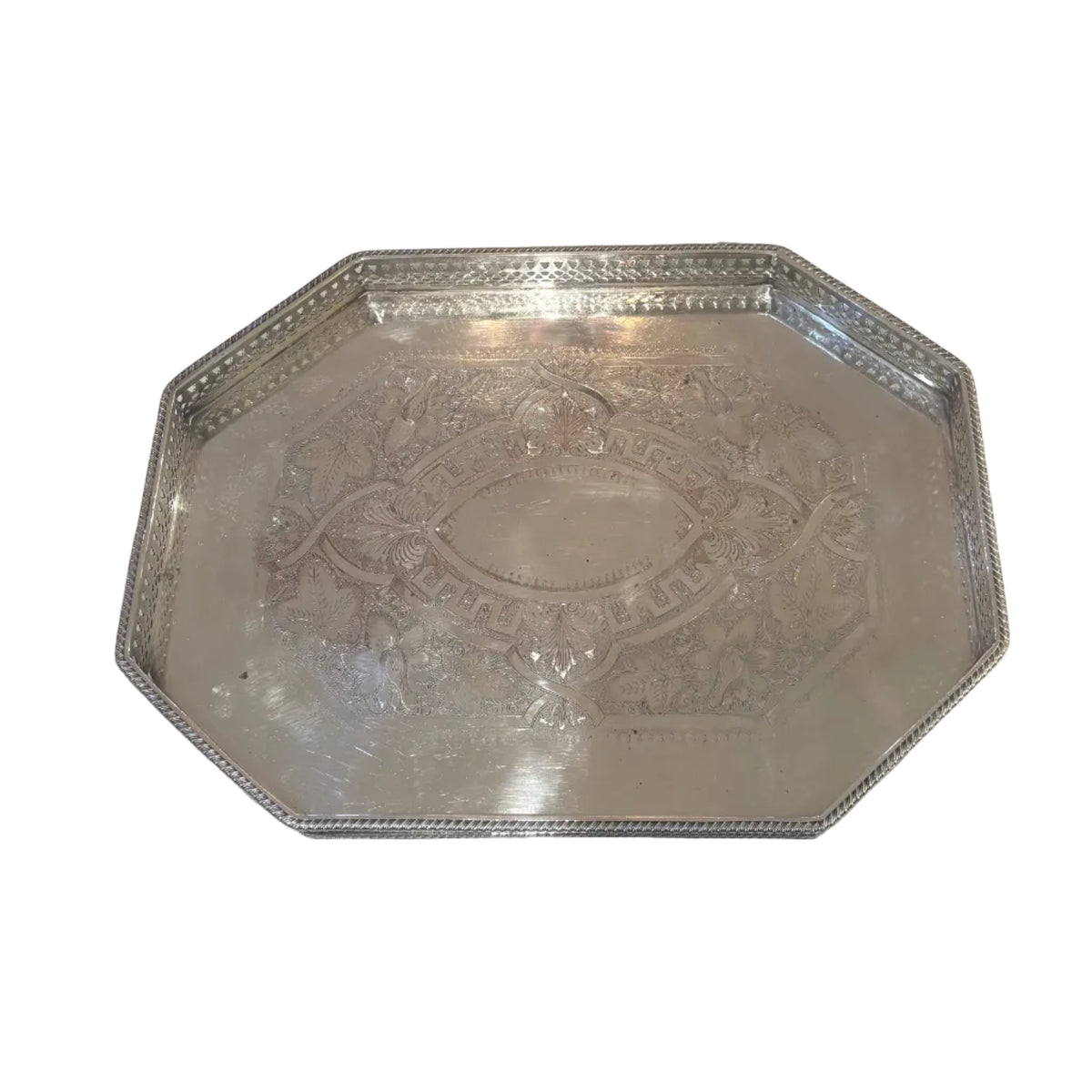 Antique Octagonal English Silver on Copper Gallery Tray (w/etching and pierced detail)