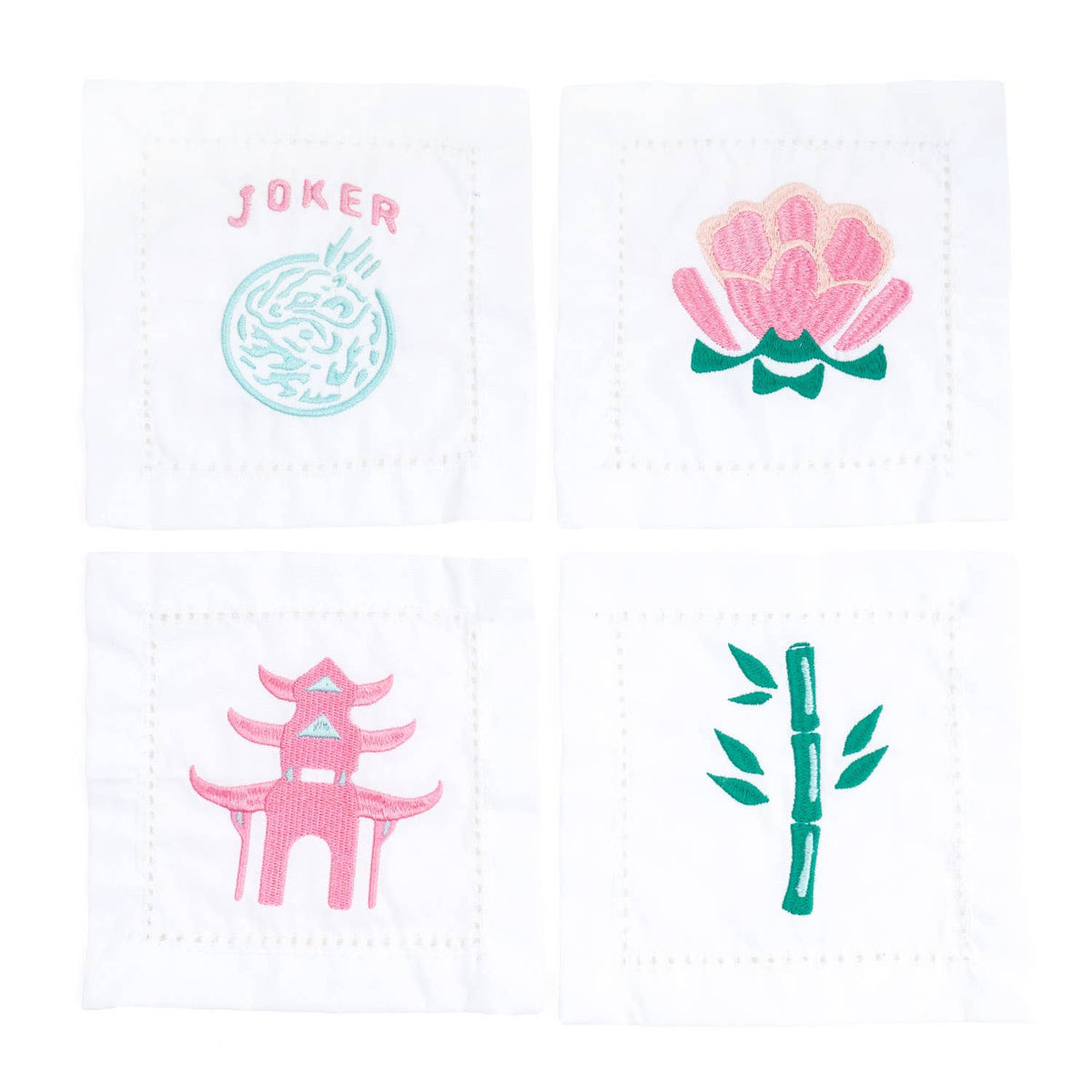 Cocktail Napkin Set, Mahjong Embroidered, 4-Piece Cotton