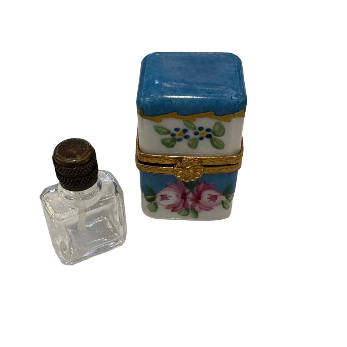 Limoges porcelain handpainted trinket Box and perfume bottle w/ Ormolu flower enclosure