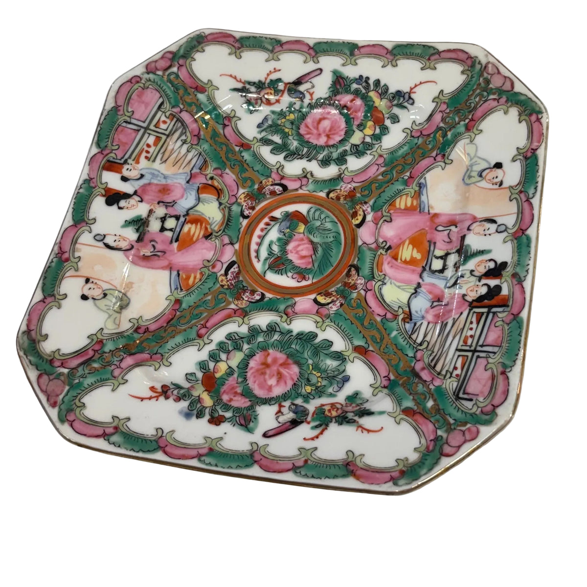 Pair of Vintage Rose Medallion Square plates with clipped corners