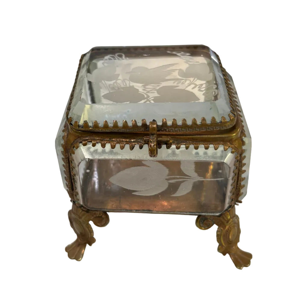 Antique Etched Glass and Bronze Trinket Box