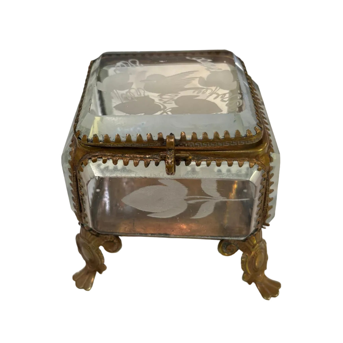 Antique Etched Glass and Bronze Trinket Box