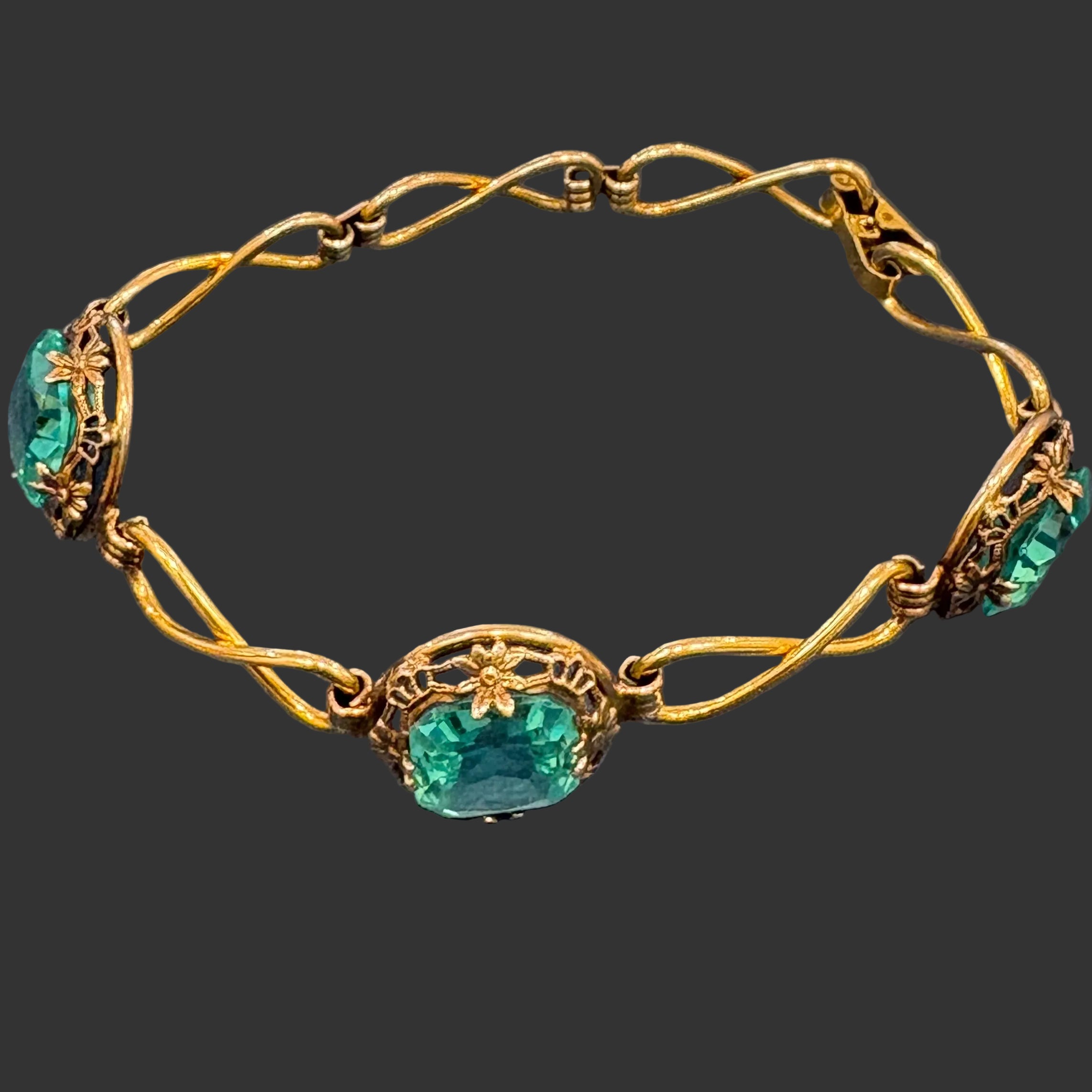 Vintage Goldette Goldtone Metal and Blue Rhinestone Studded Link Bracelet