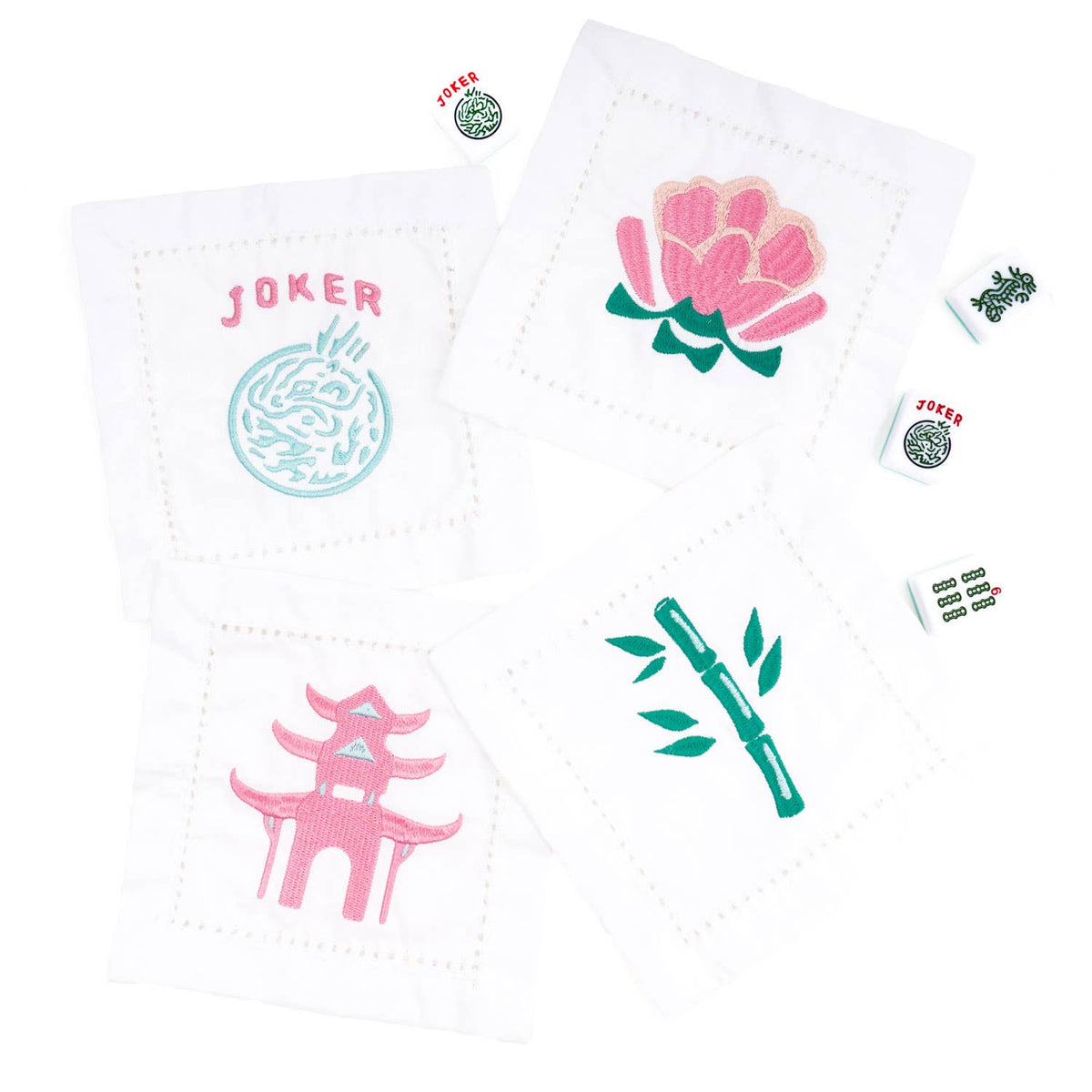 Cocktail Napkin Set, Mahjong Embroidered, 4-Piece Cotton