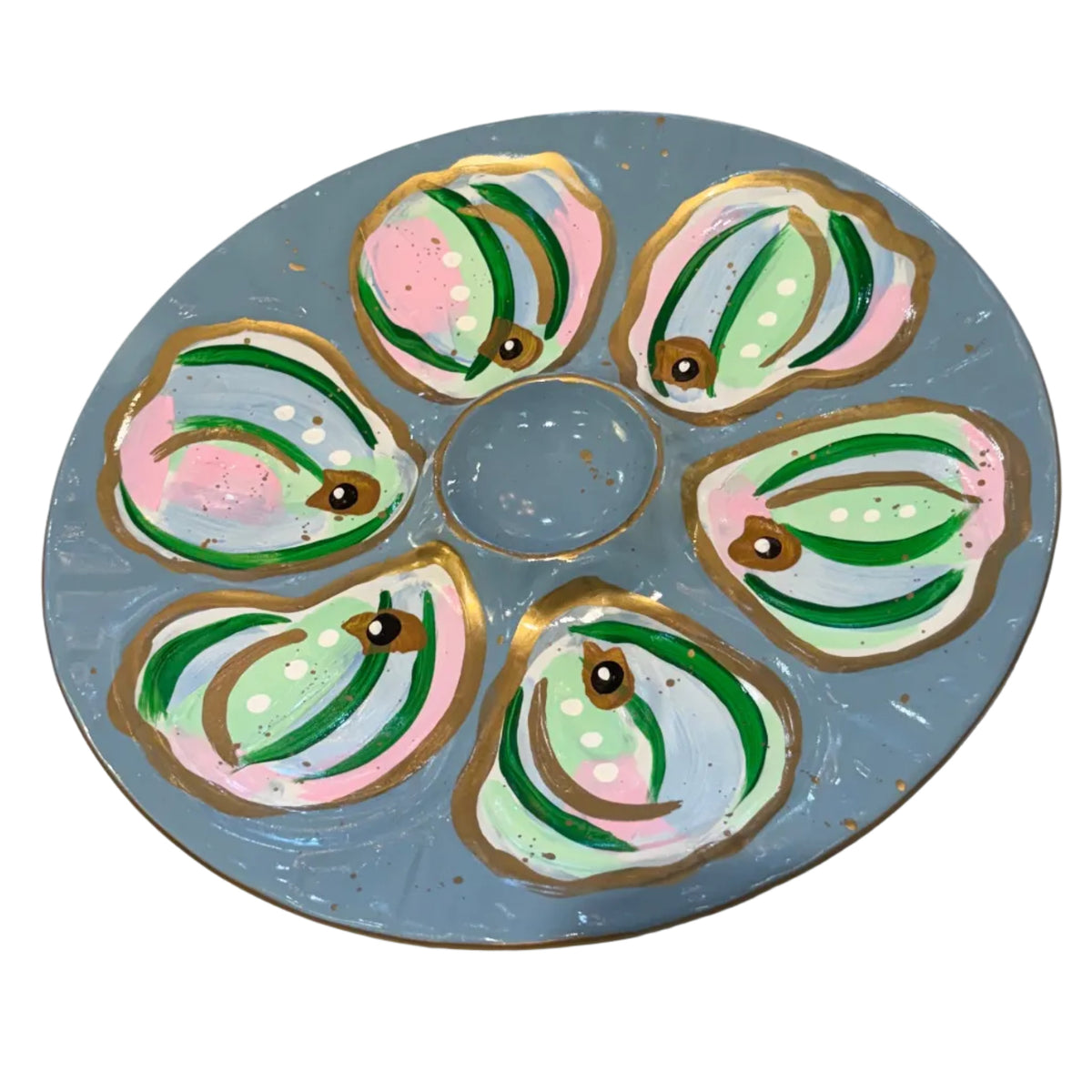 Hand-painted Oyster Plate (Slate blue with pink, green, blue, and gold)