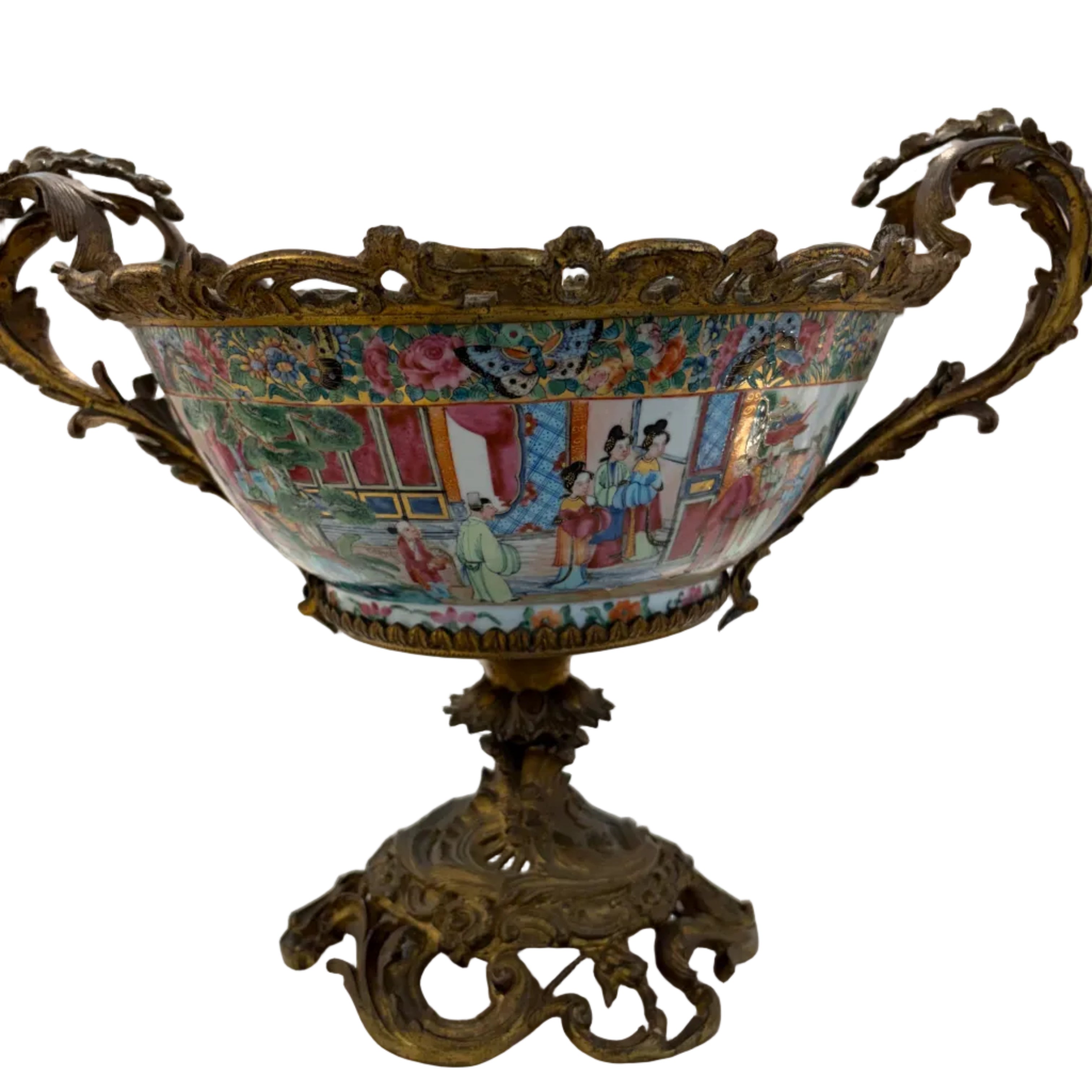 Rose Medallion Bowl with Bronze Stand