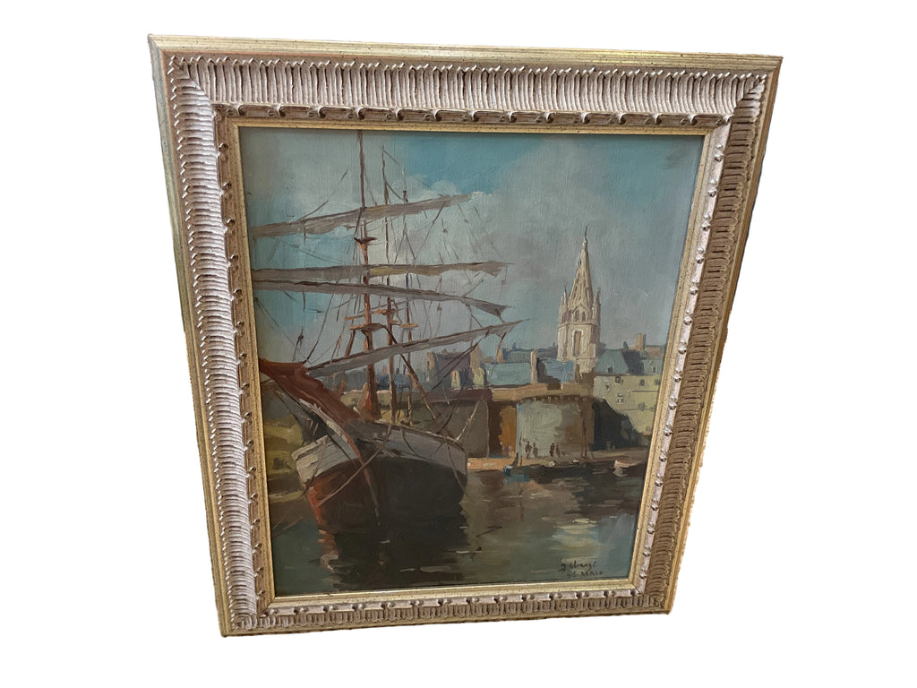 Antique French painting of St. Malo, France Harbor