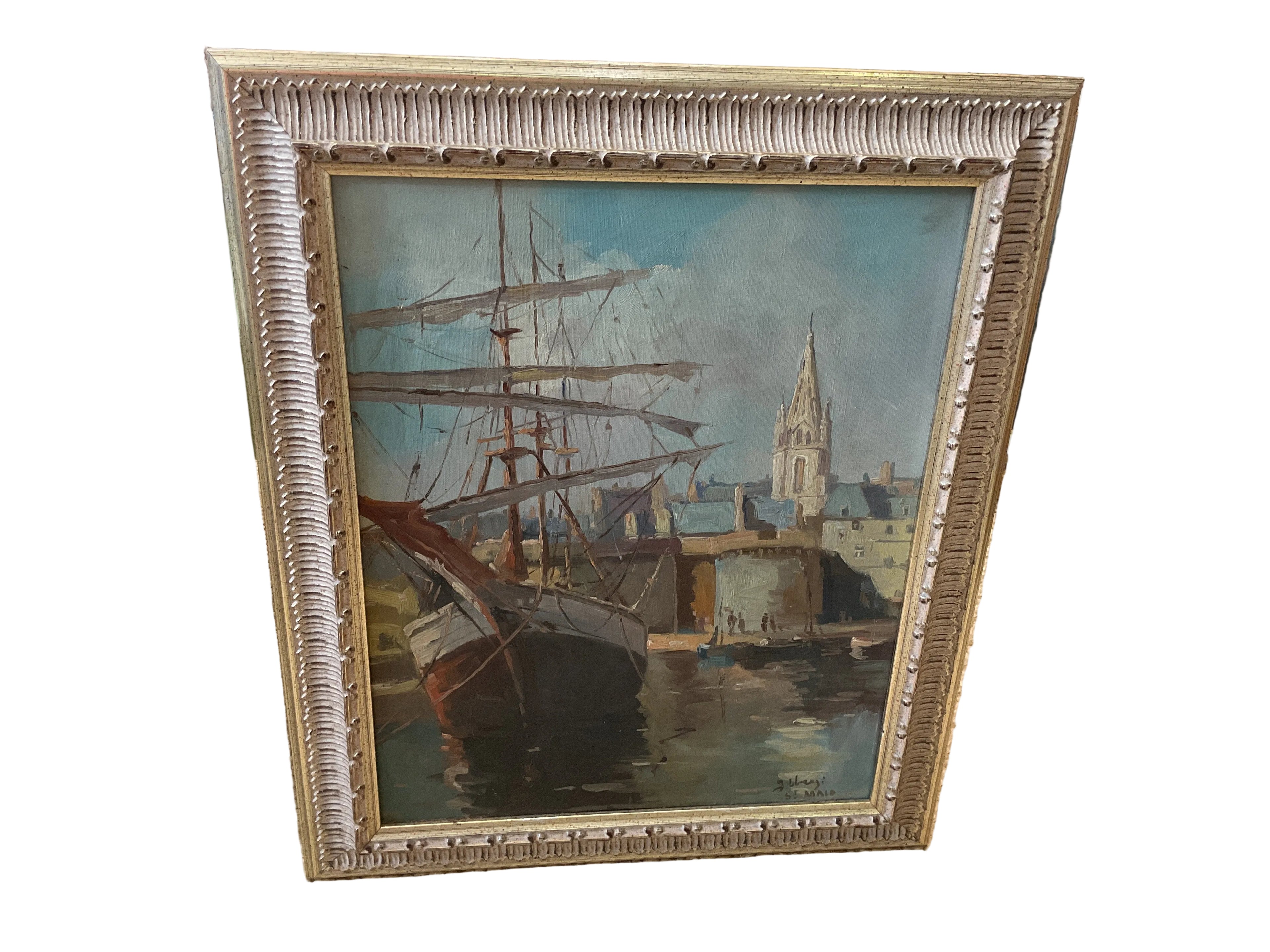 Antique French painting of St. Malo, France Harbor