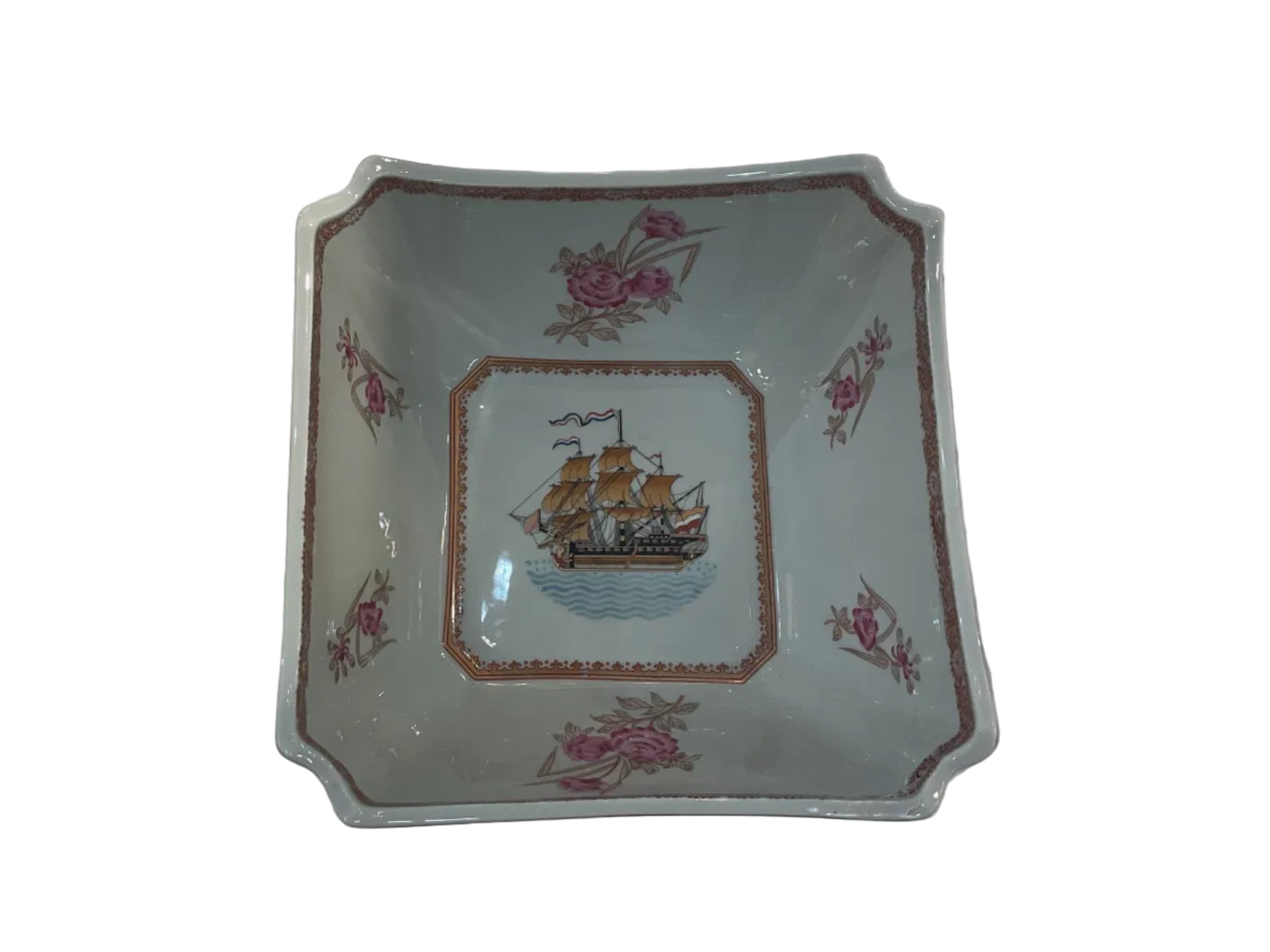 Chinese Export 19th Century Ships & Floral Celadon Bowl