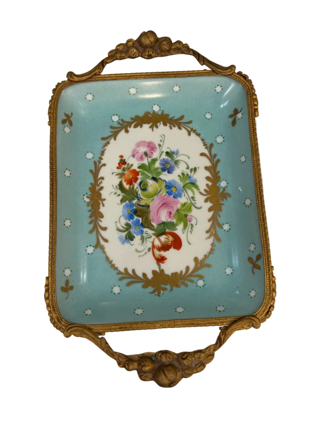 Limoges Porcelain handpainted tray w/ bronze ormolu handles and feet