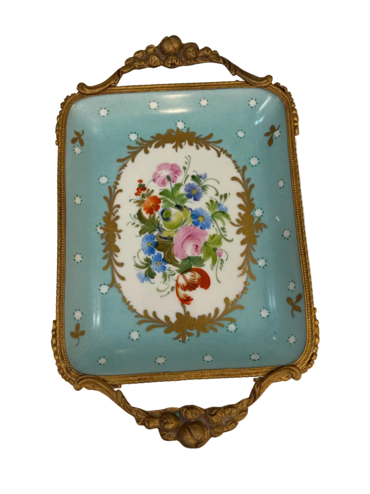 Limoges Porcelain handpainted tray w/ bronze ormolu handles and feet