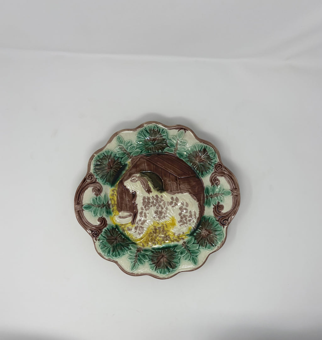 Antique Majolica Cake Plate with Dog