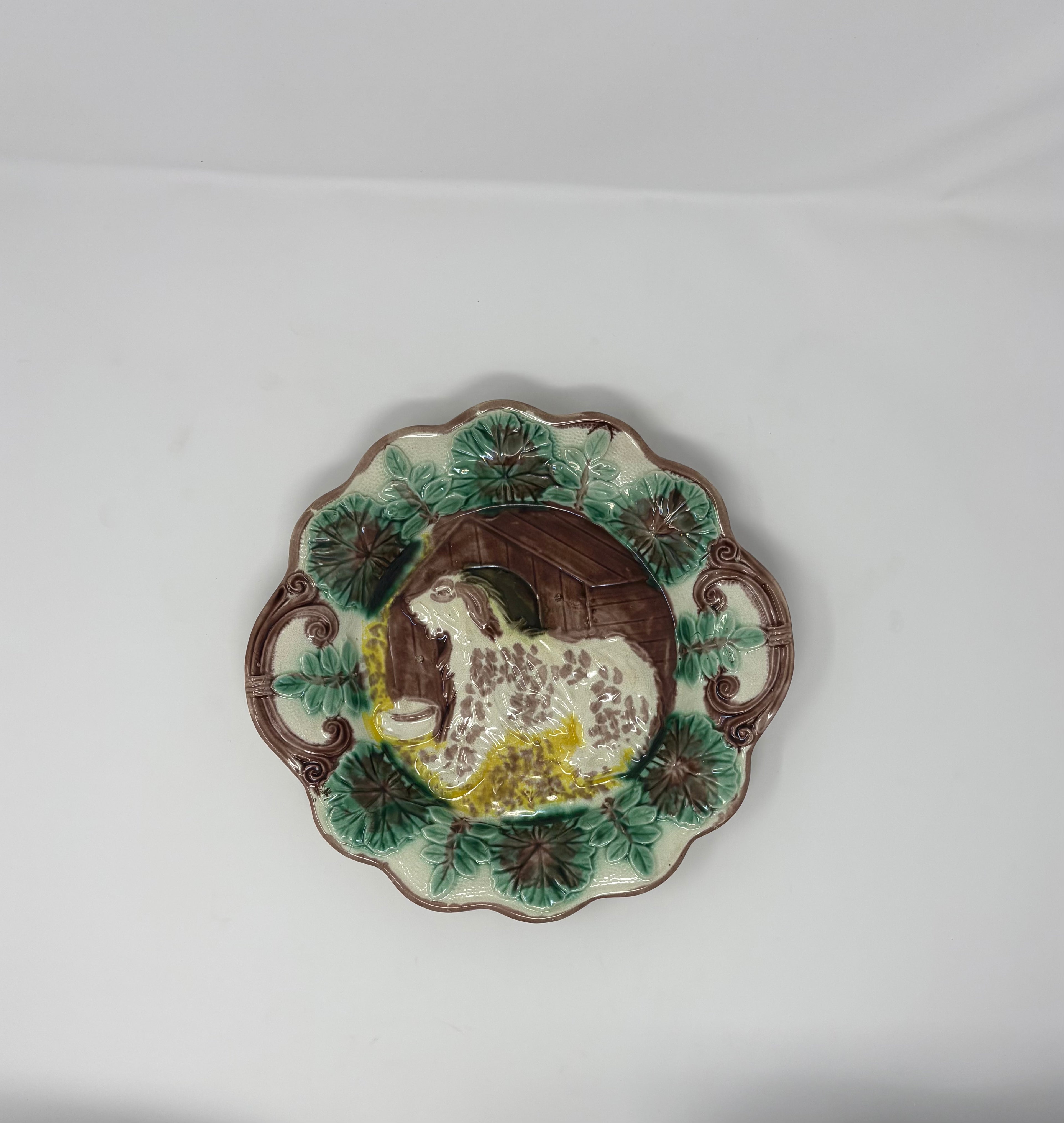Antique Majolica Cake Plate with Dog