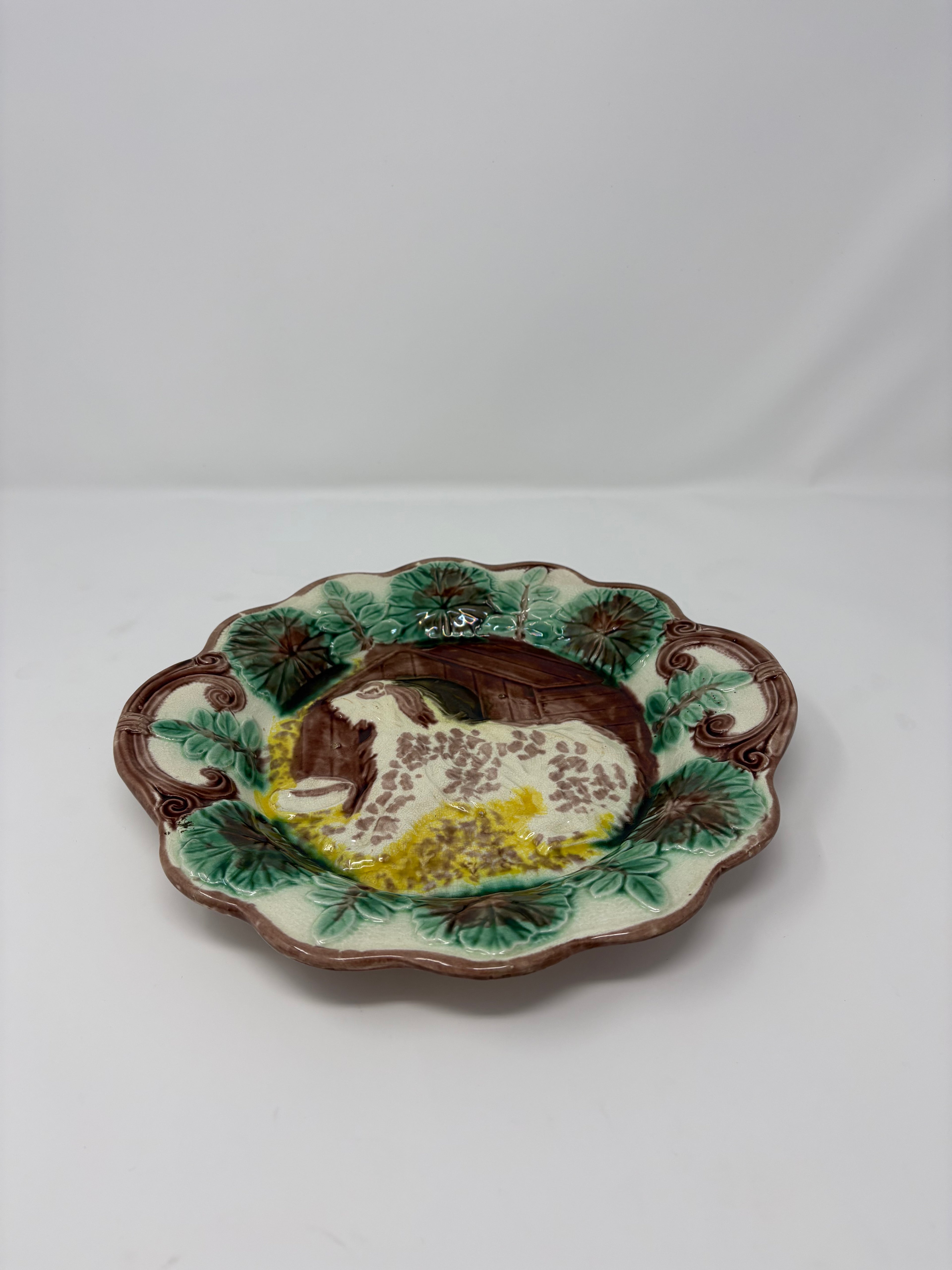 Antique Majolica Cake Plate with Dog