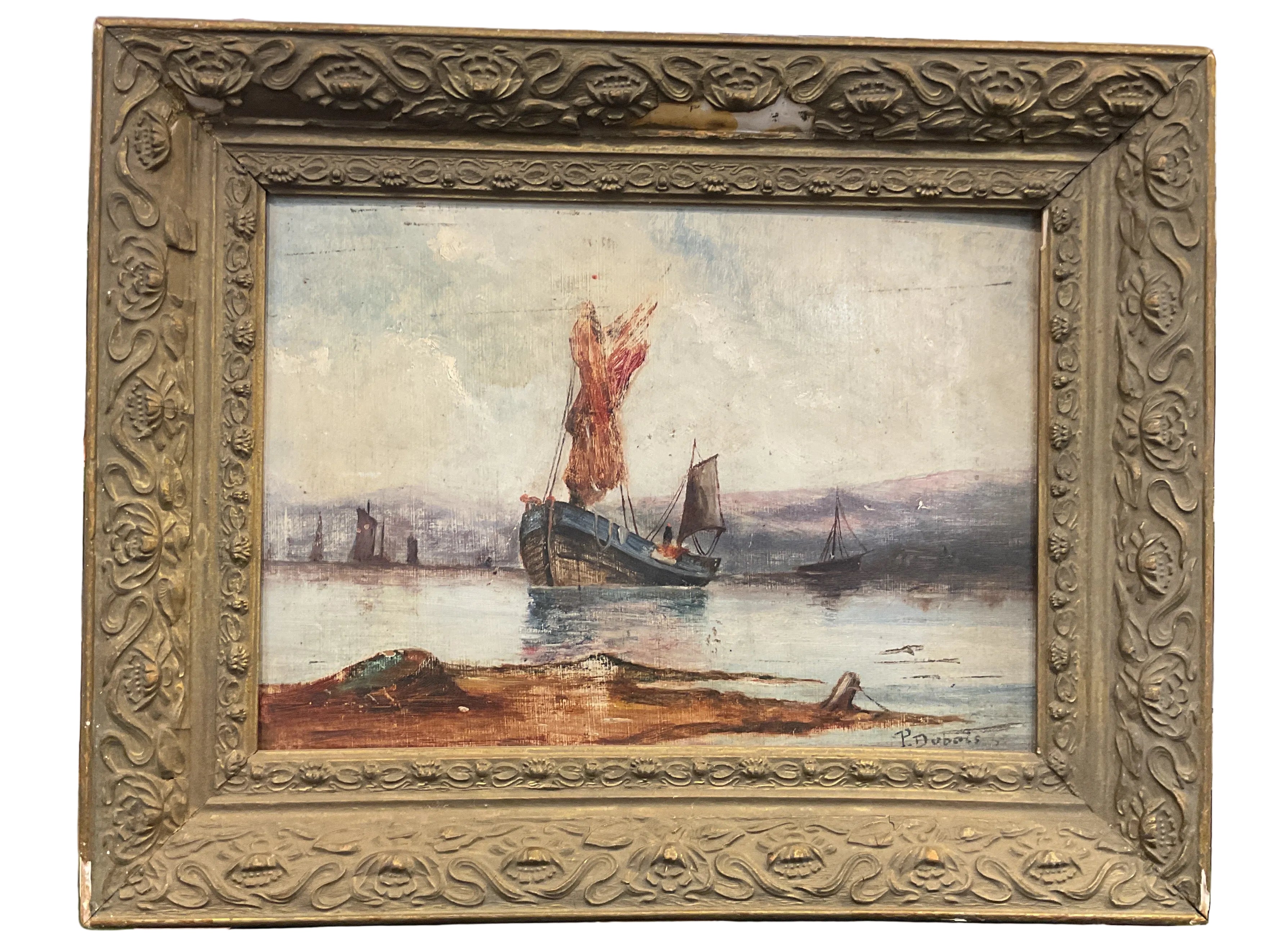 Antique French Ship painting on board (P. Dubois)