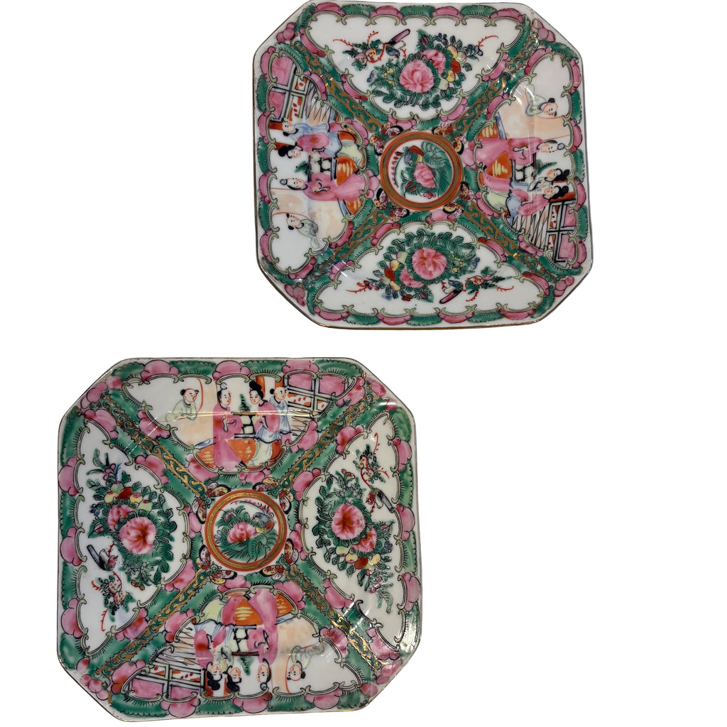 Pair of Vintage Rose Medallion Square plates with clipped corners
