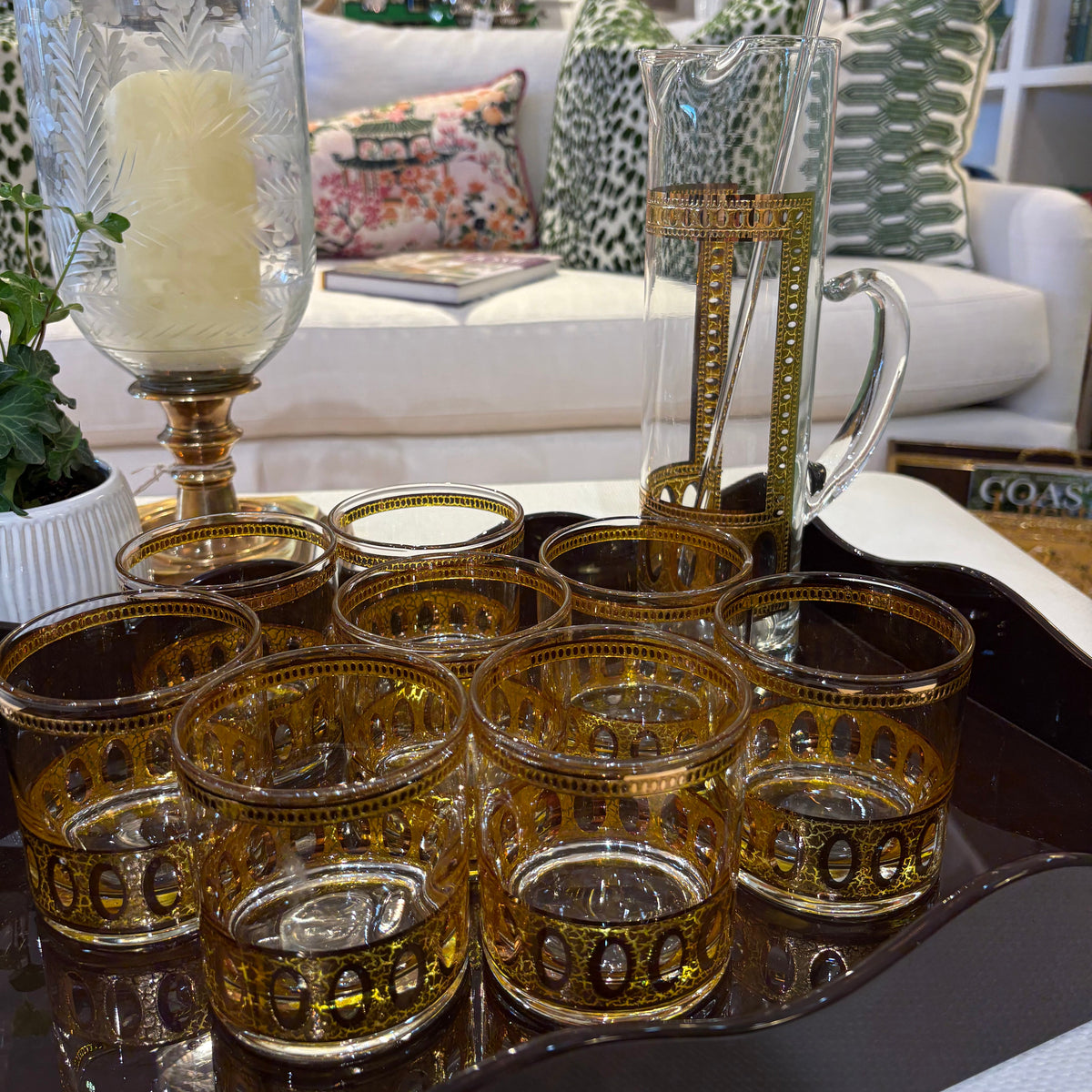 Culver Glass Barware - Set of 10 (8 Tumblers, 1 Pitcher, and 1Stir Stick)
